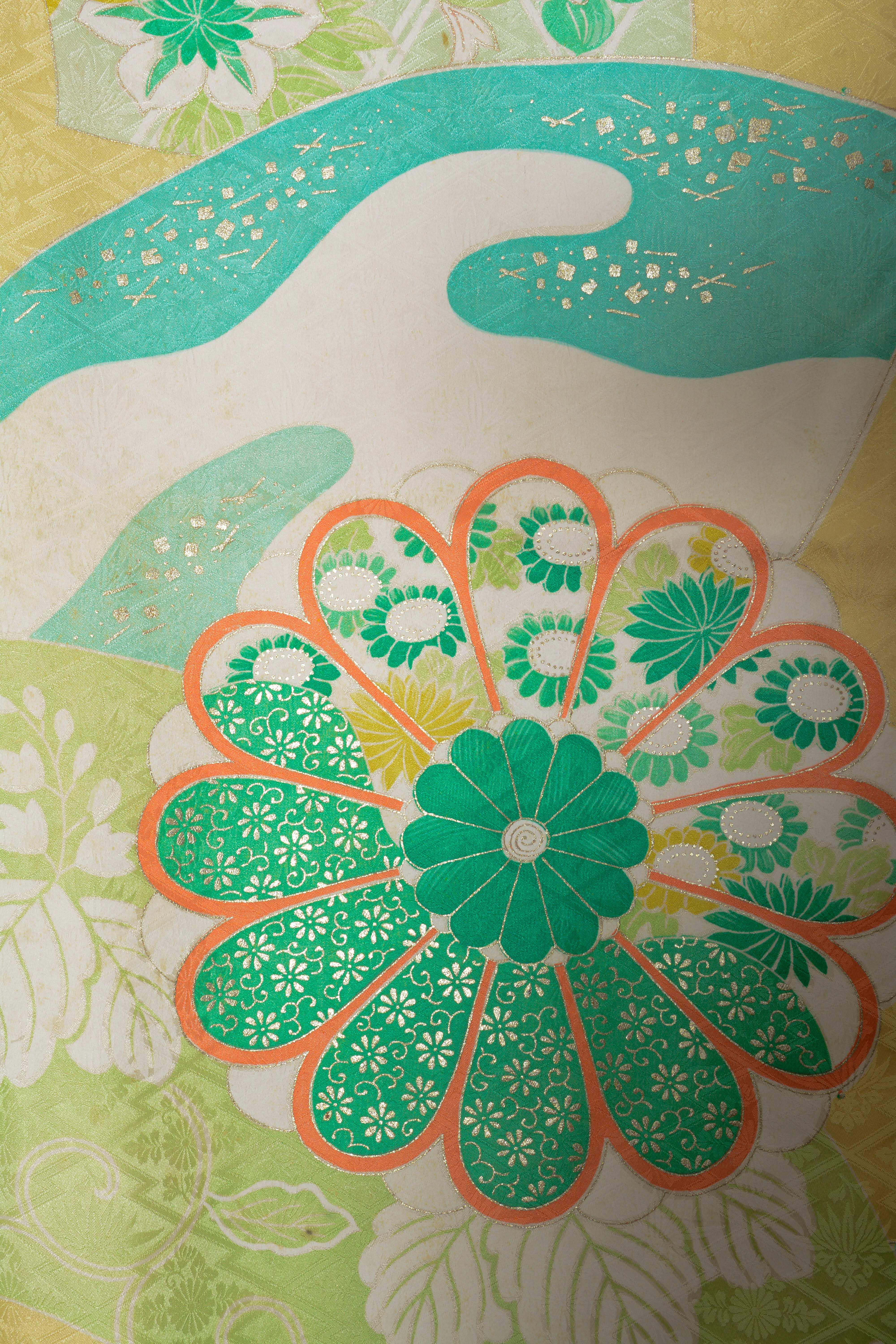 Circa 1940s Vintage Japanese Handwoven Silk Damask Furisode Kimono