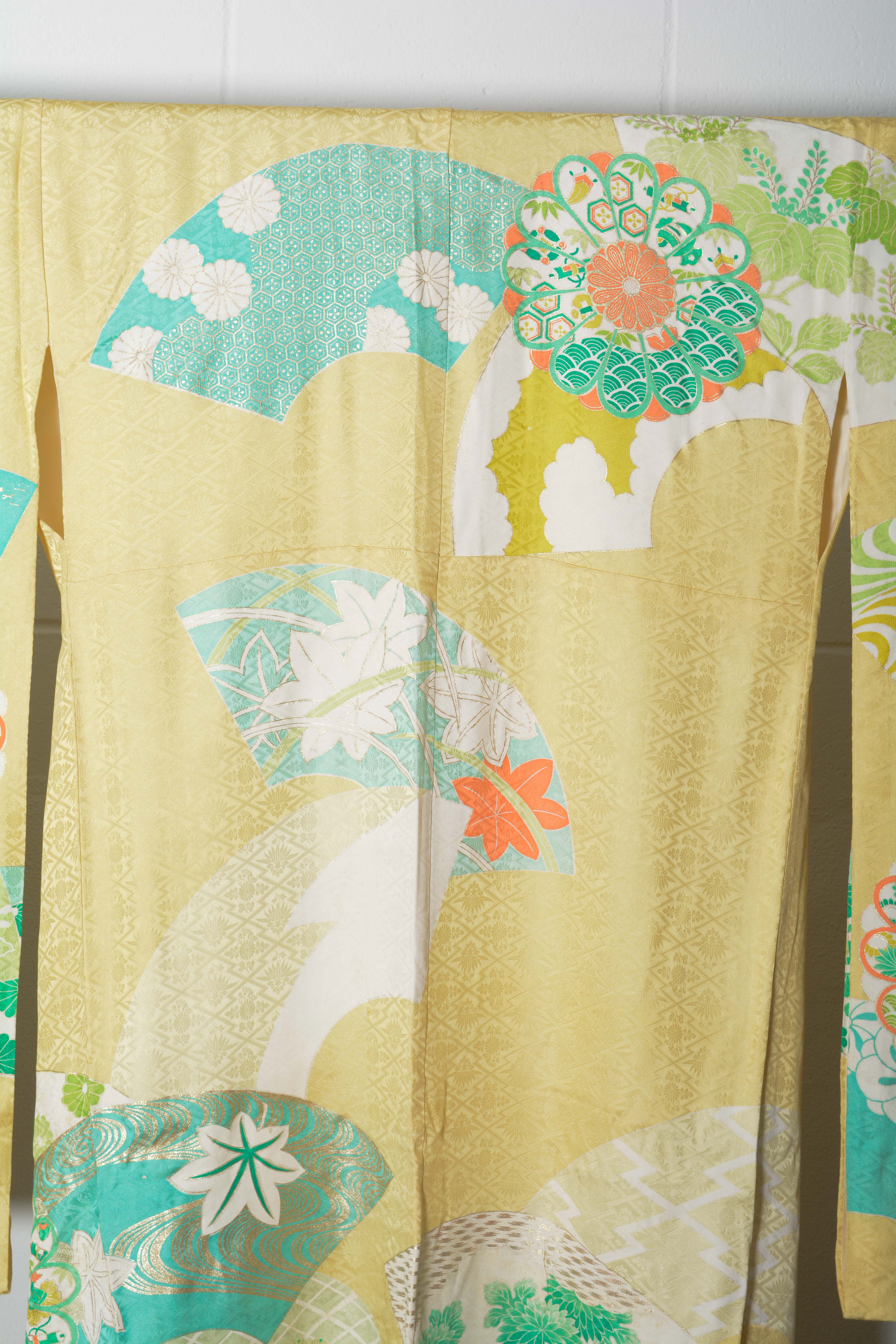 Circa 1940s Vintage Japanese Handwoven Silk Damask Furisode Kimono
