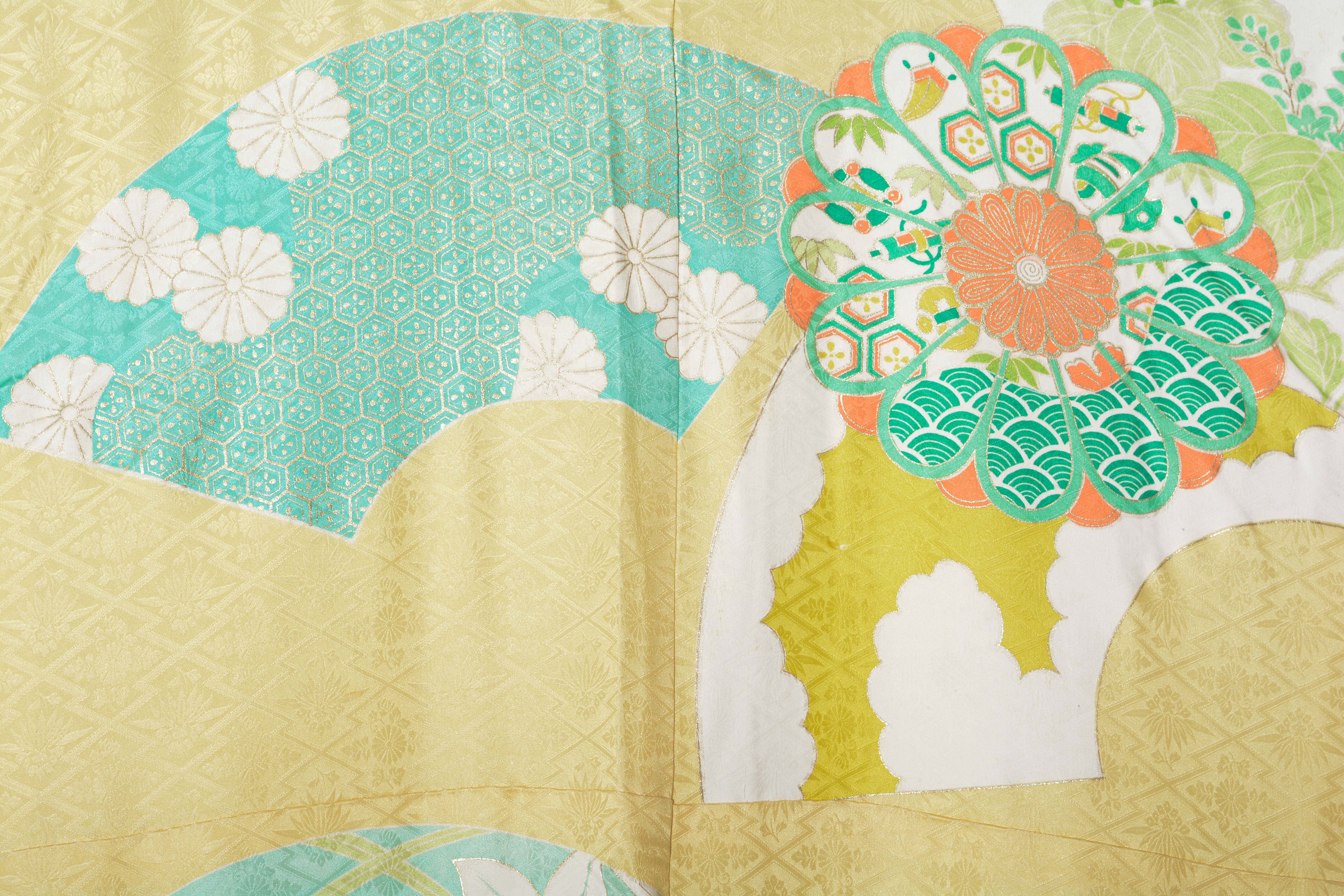 Circa 1940s Vintage Japanese Handwoven Silk Damask Furisode Kimono