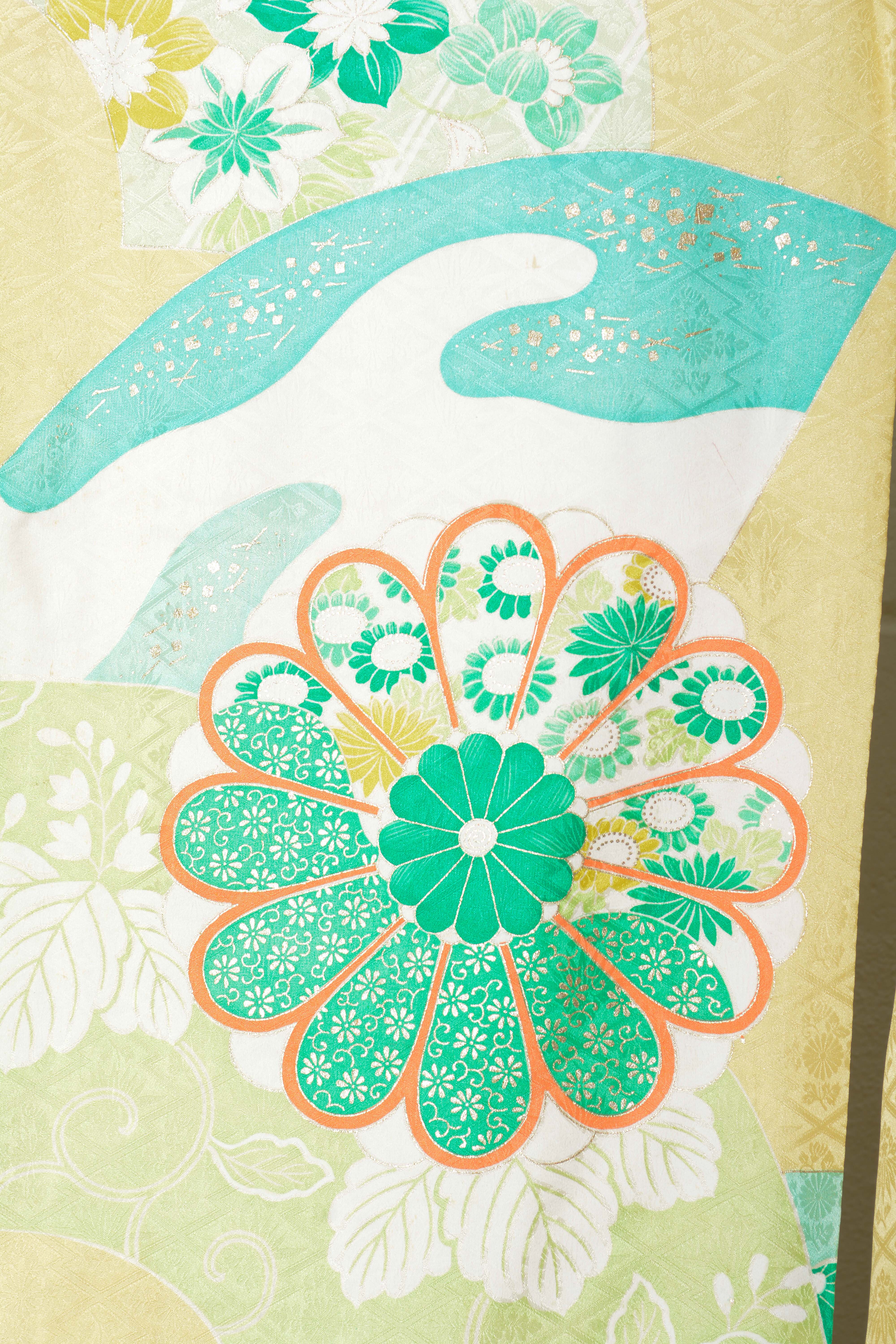 Circa 1940s Vintage Japanese Handwoven Silk Damask Furisode Kimono