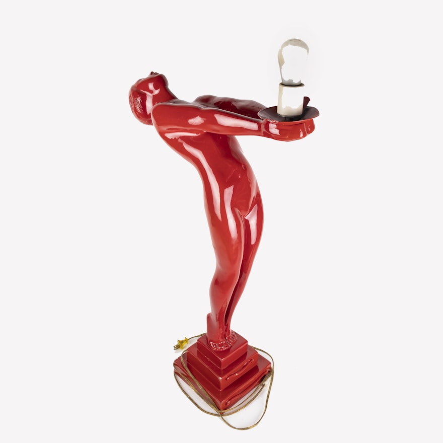 Red Art Deco Style Figural Table Lamp After Max Le Verrier "Clarte"