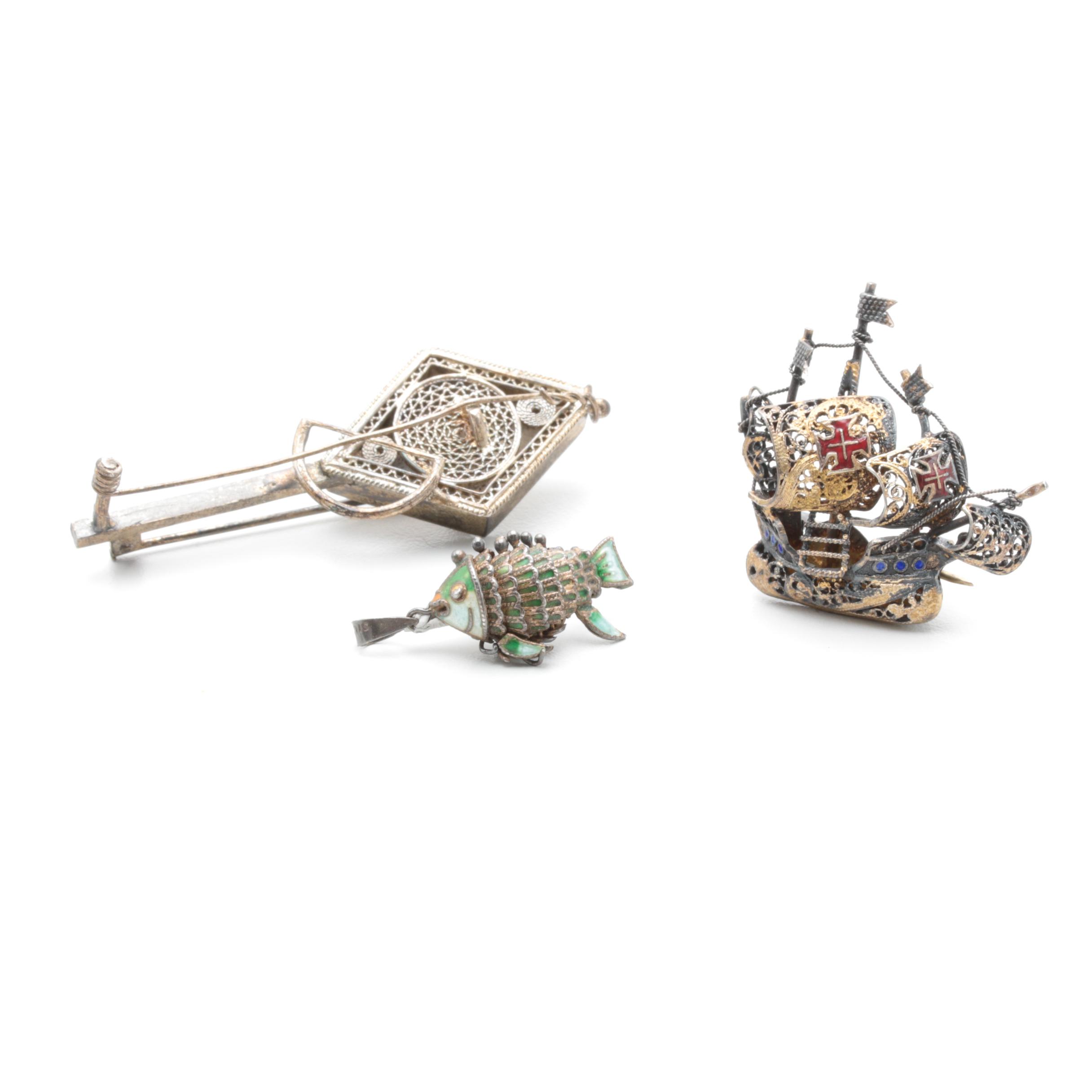 Sterling Silver Brooches and Pendants Featuring Gold Wash and Filigree Accents