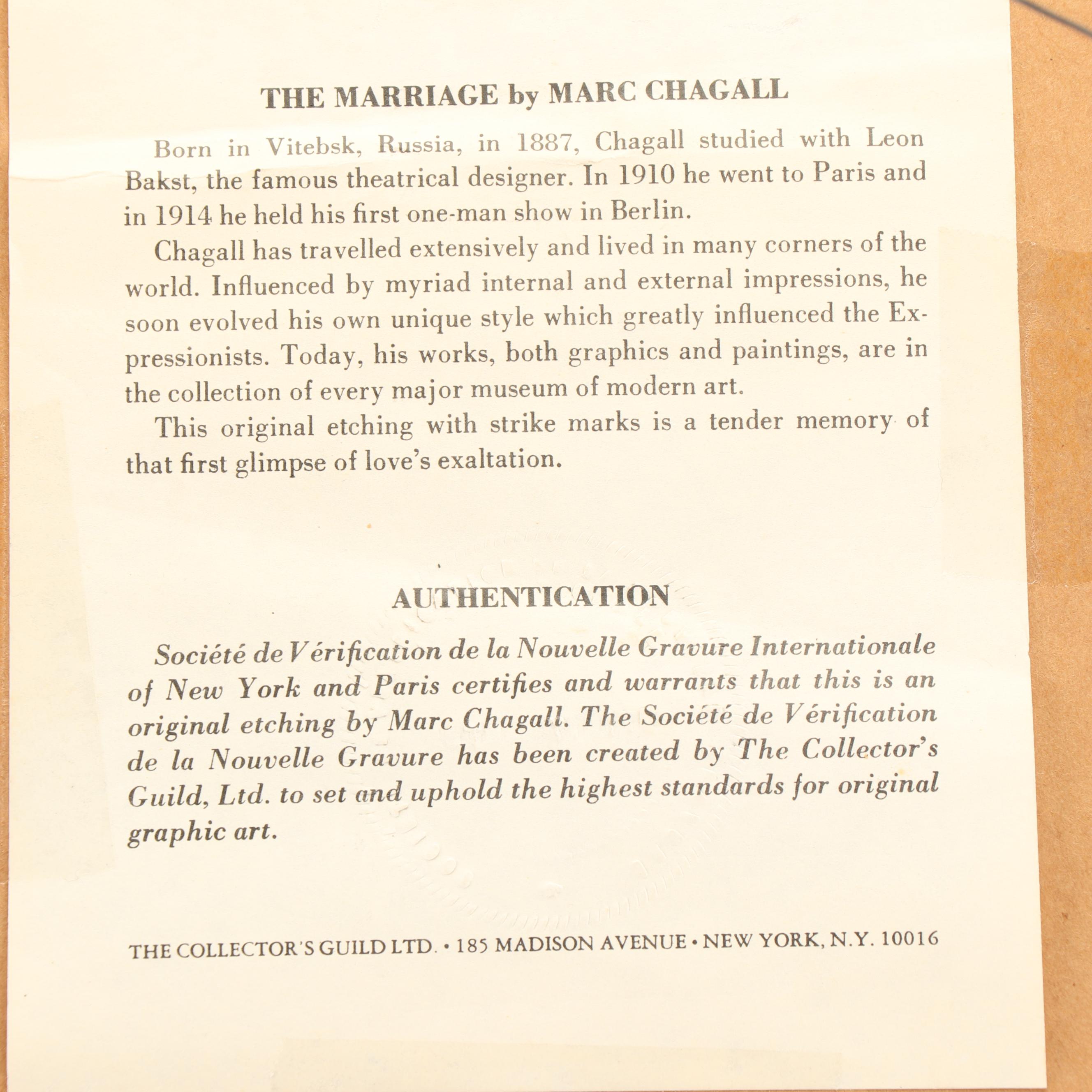 Restrike Etching after Marc Chagall "The Marriage"
