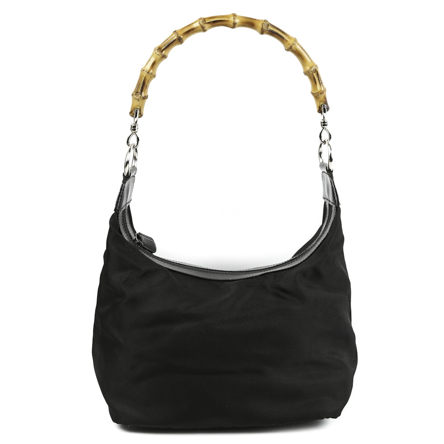 Gucci Black Nylon and Leather Bamboo Handle Bag