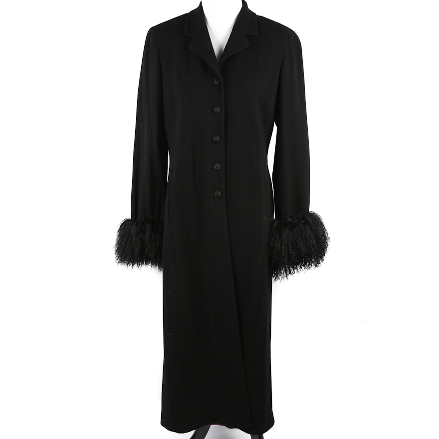 Vintage Juliana Collezione Black Wool Coat with Black Mongolian Fur Cuffs