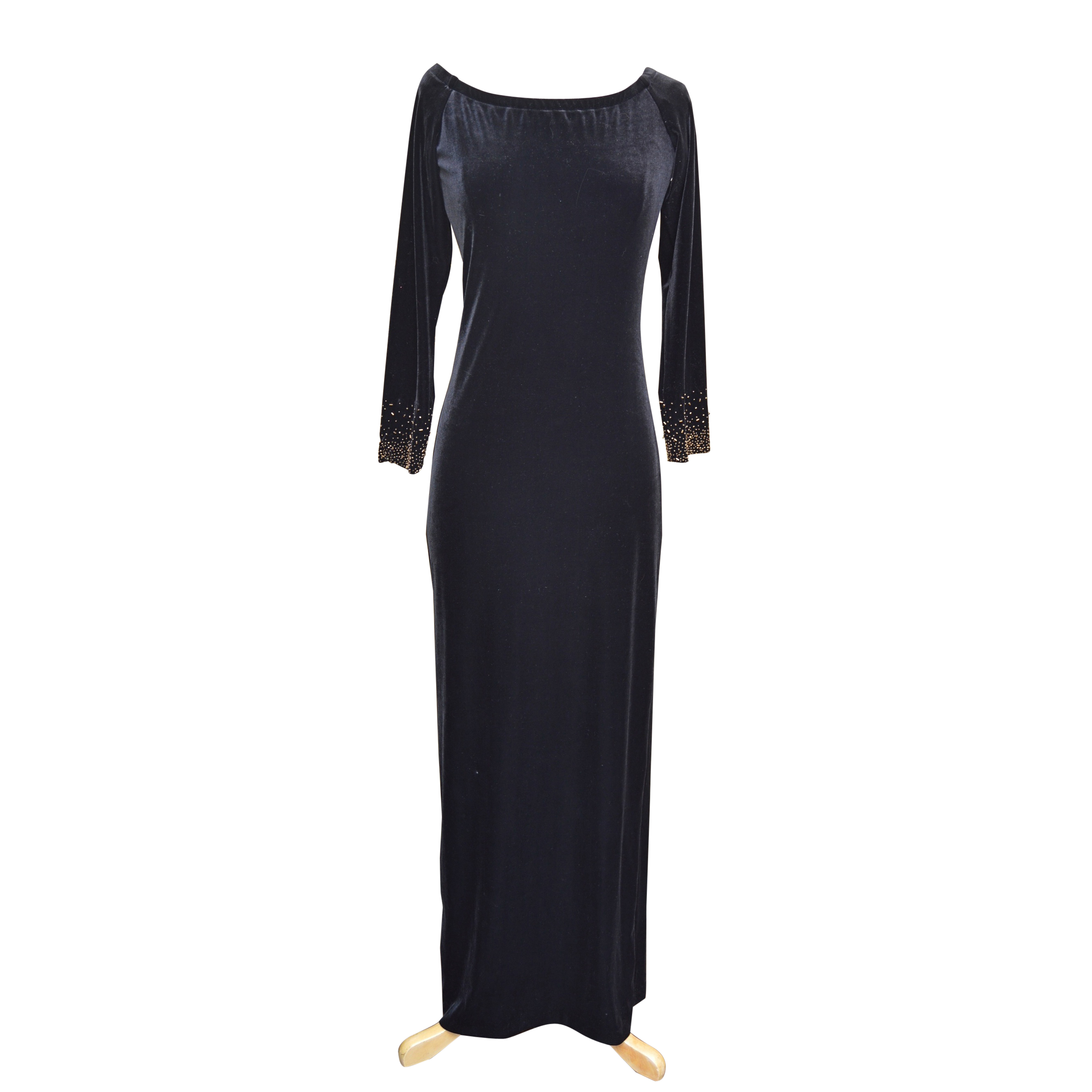 Lawrence Kurtz Black Velvet Evening Gown with Beaded Sleeves