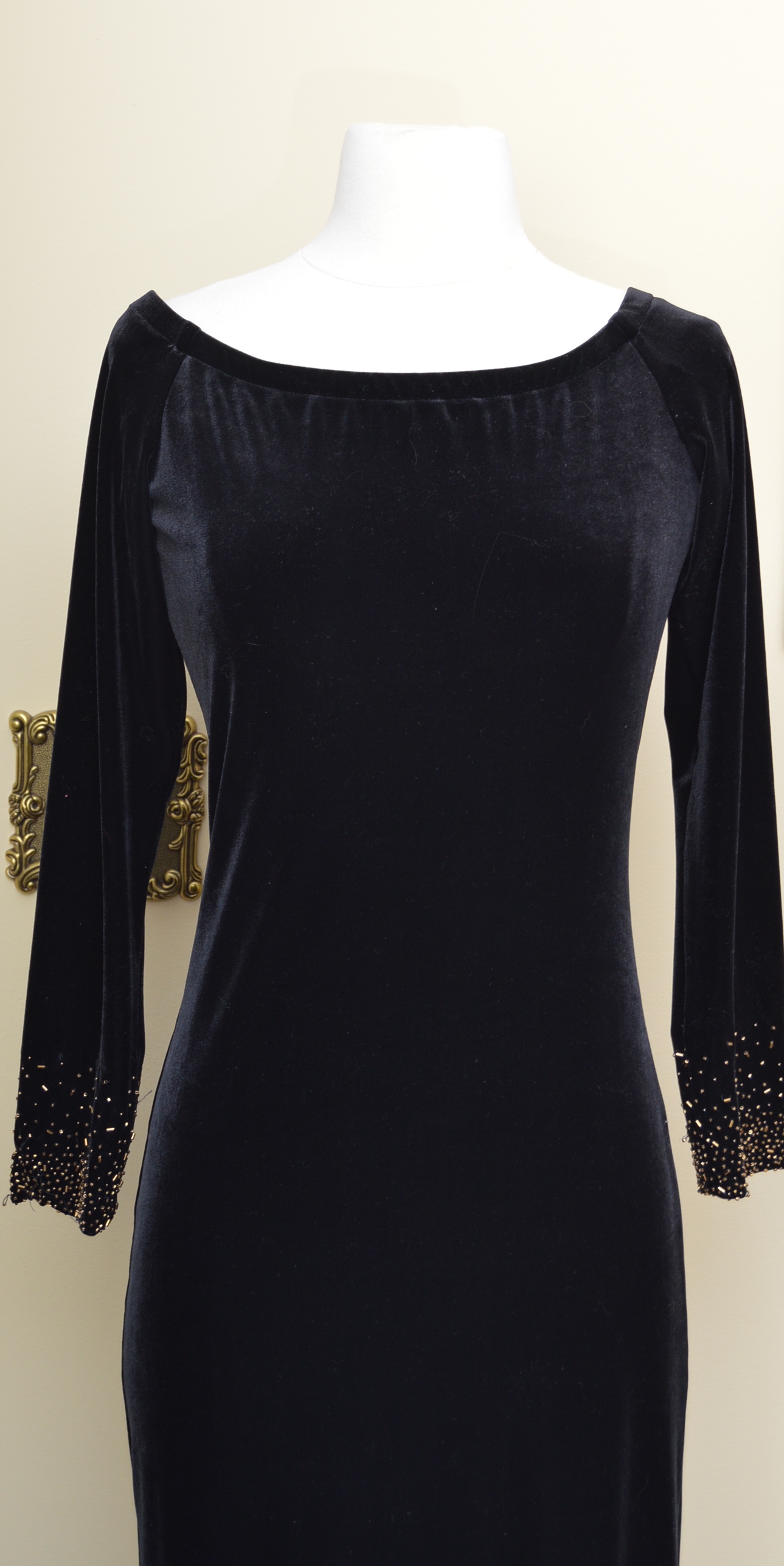 Lawrence Kurtz Black Velvet Evening Gown with Beaded Sleeves
