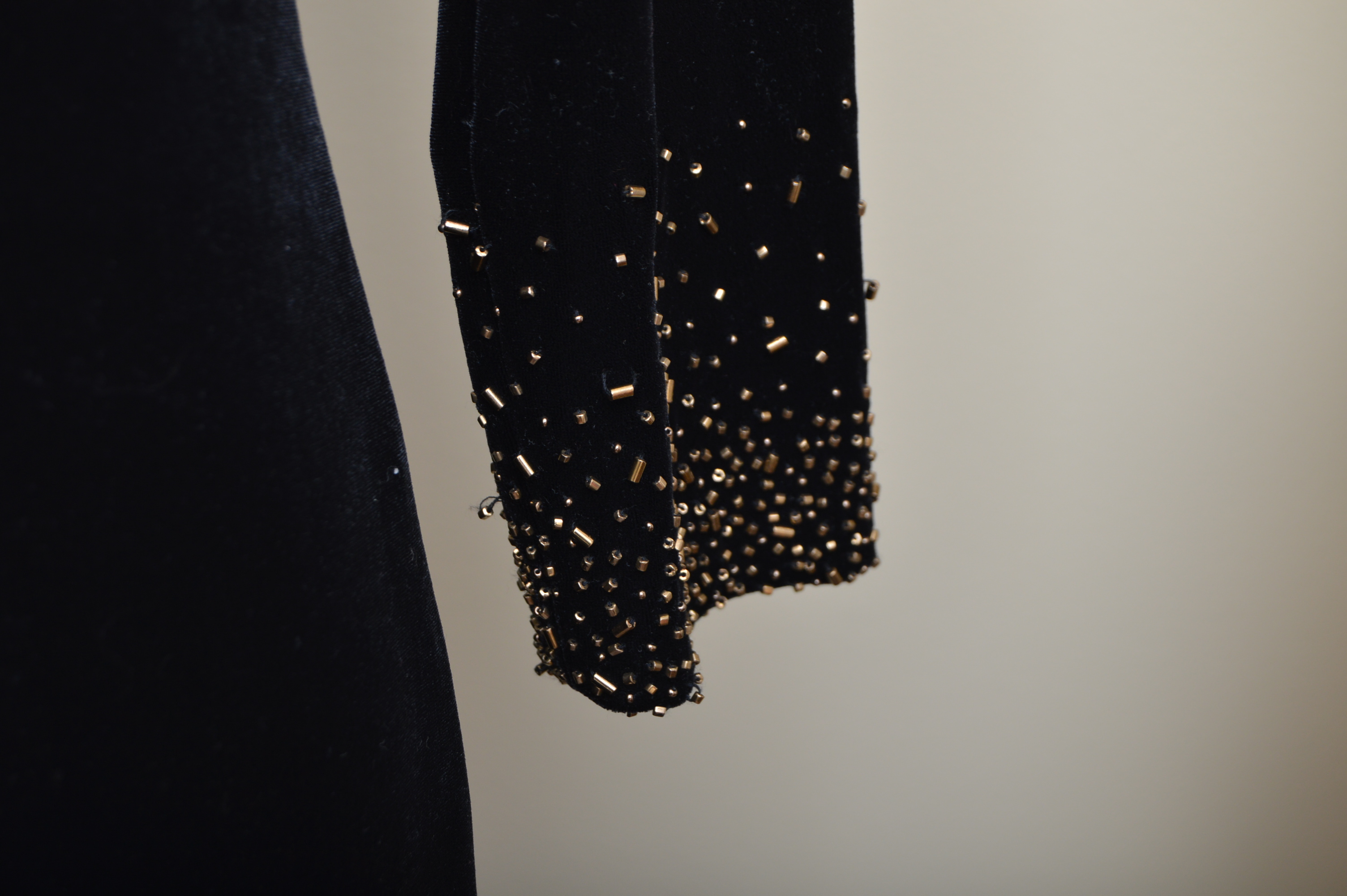 Lawrence Kurtz Black Velvet Evening Gown with Beaded Sleeves