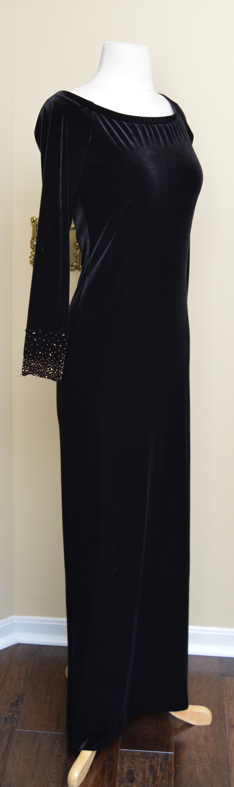 Lawrence Kurtz Black Velvet Evening Gown with Beaded Sleeves