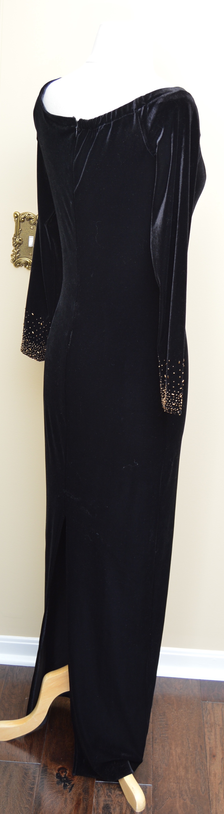 Lawrence Kurtz Black Velvet Evening Gown with Beaded Sleeves