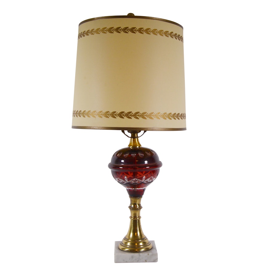 Vintage Cranberry Cut To Clear Glass and Brass Table Lamp