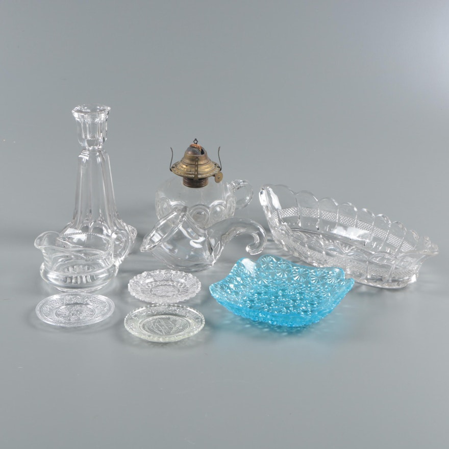 Vintage Clear Serveware and Other Glassware including an Oil Lamp