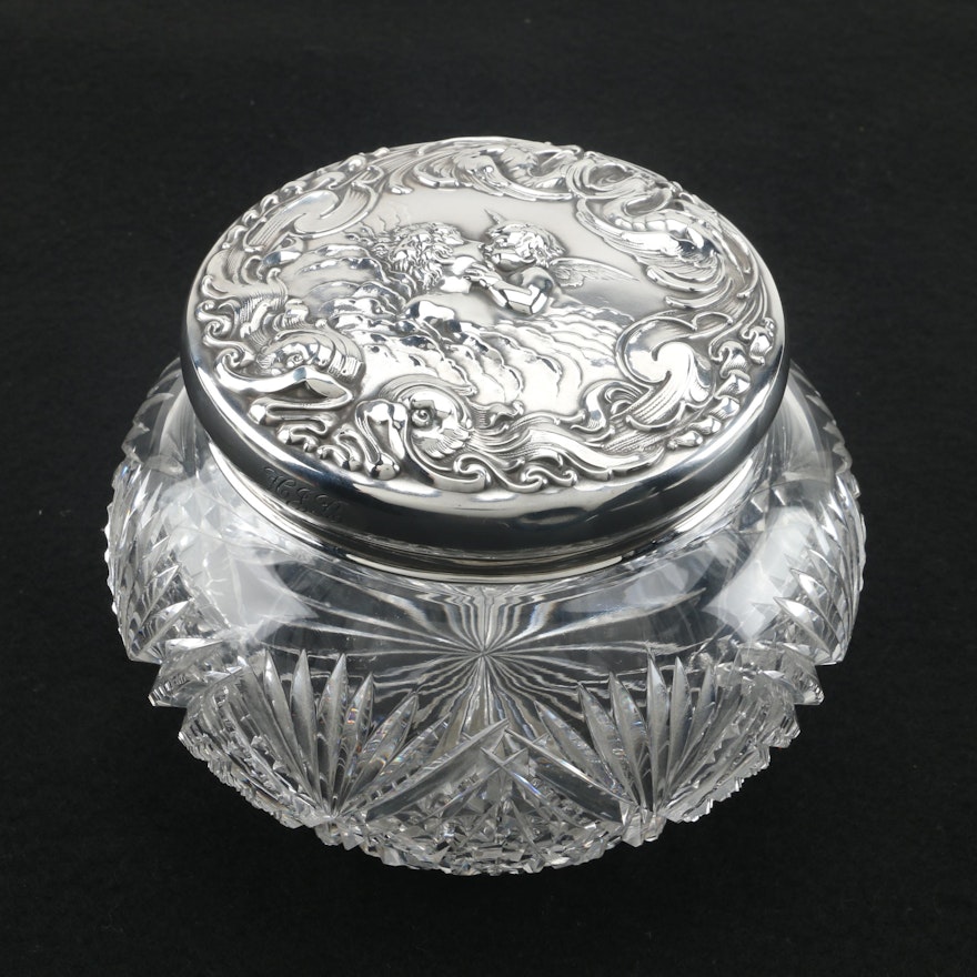 Antique Unger Brothers "Loves Dream" Sterling Lidded Cut Crystal Vanity Jar