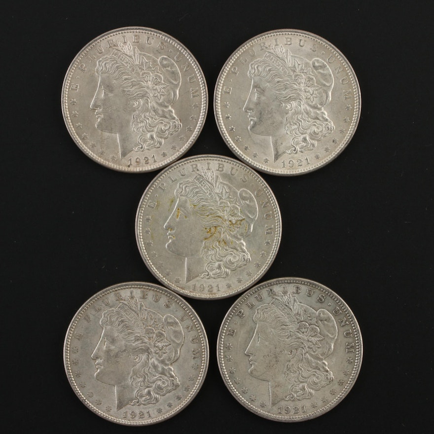 Five 1921 Morgan Silver Dollars