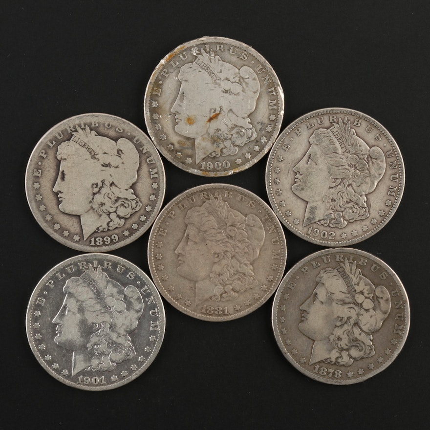 1878, 1881-O, 1899-O, 1900-O, 1901-O and 1902 Morgan Silver Dollars