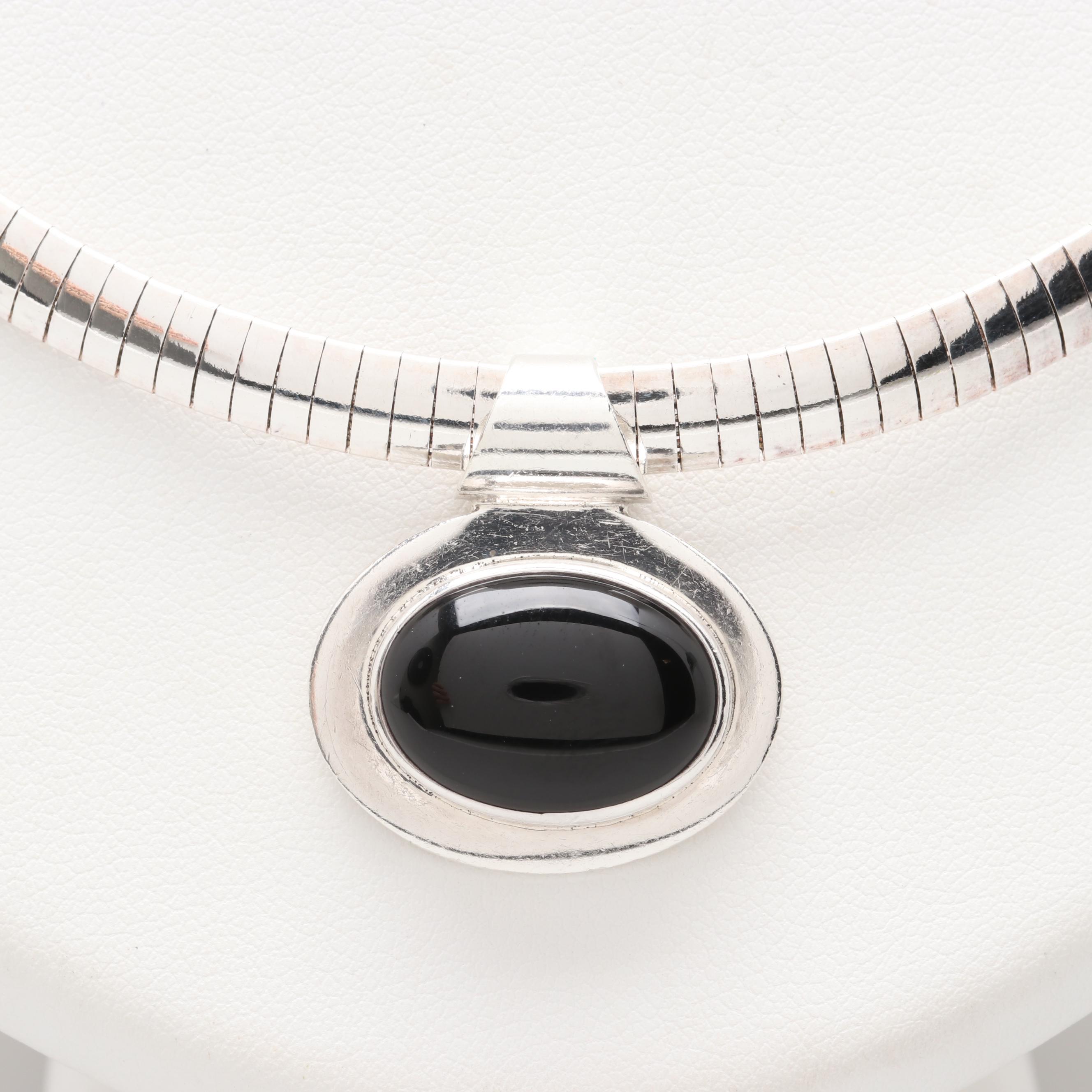 Sterling Silver Black Onyx Omega Link Necklace