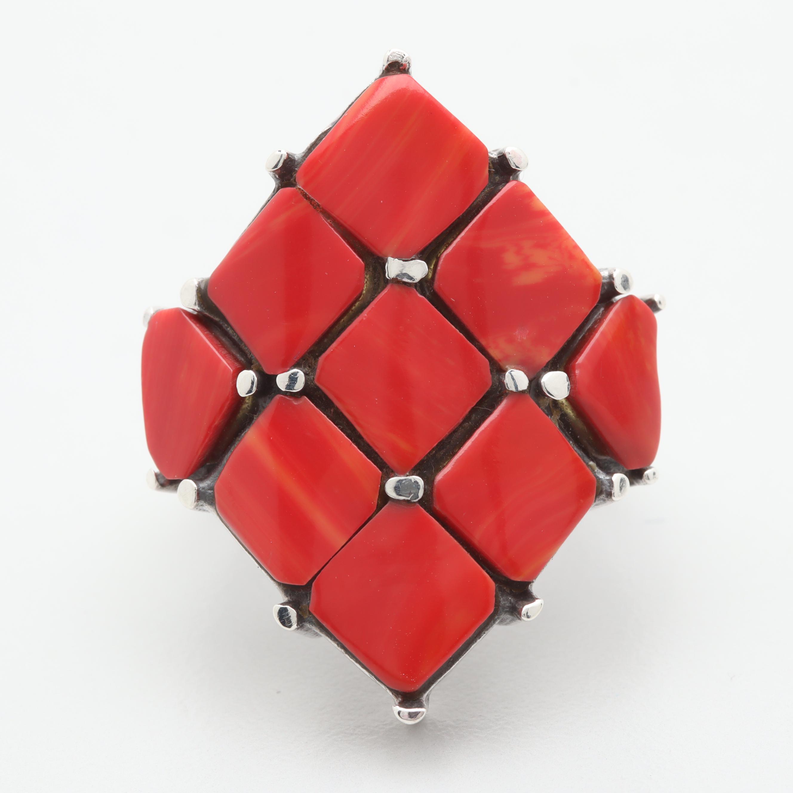 Sterling Silver Imitation Coral and Resin Ring