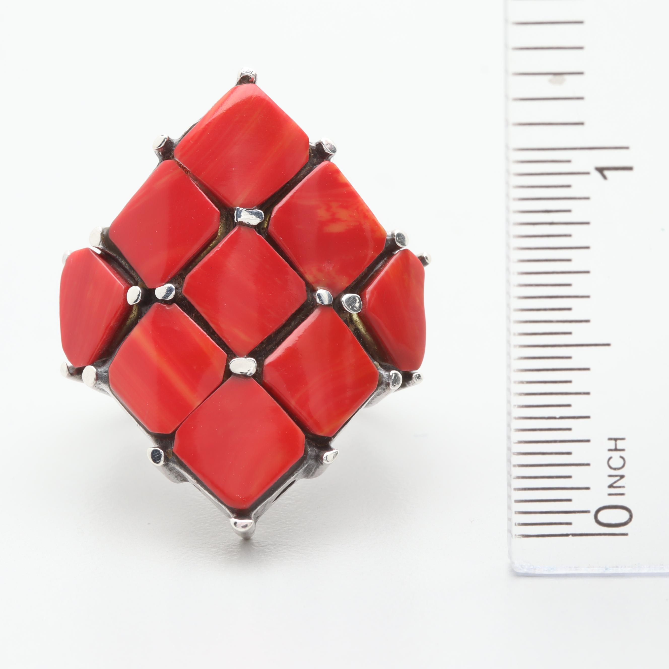 Sterling Silver Imitation Coral and Resin Ring