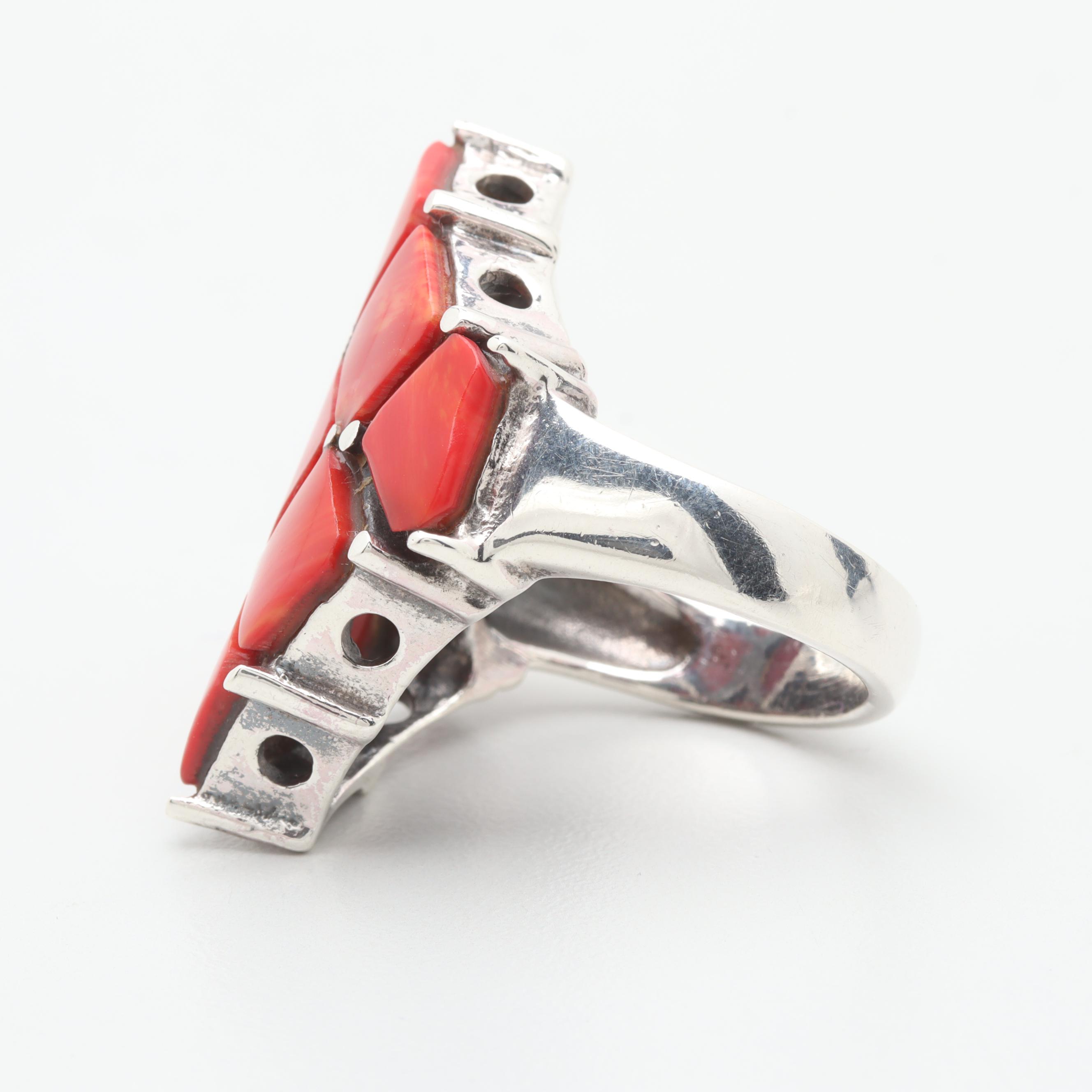 Sterling Silver Imitation Coral and Resin Ring
