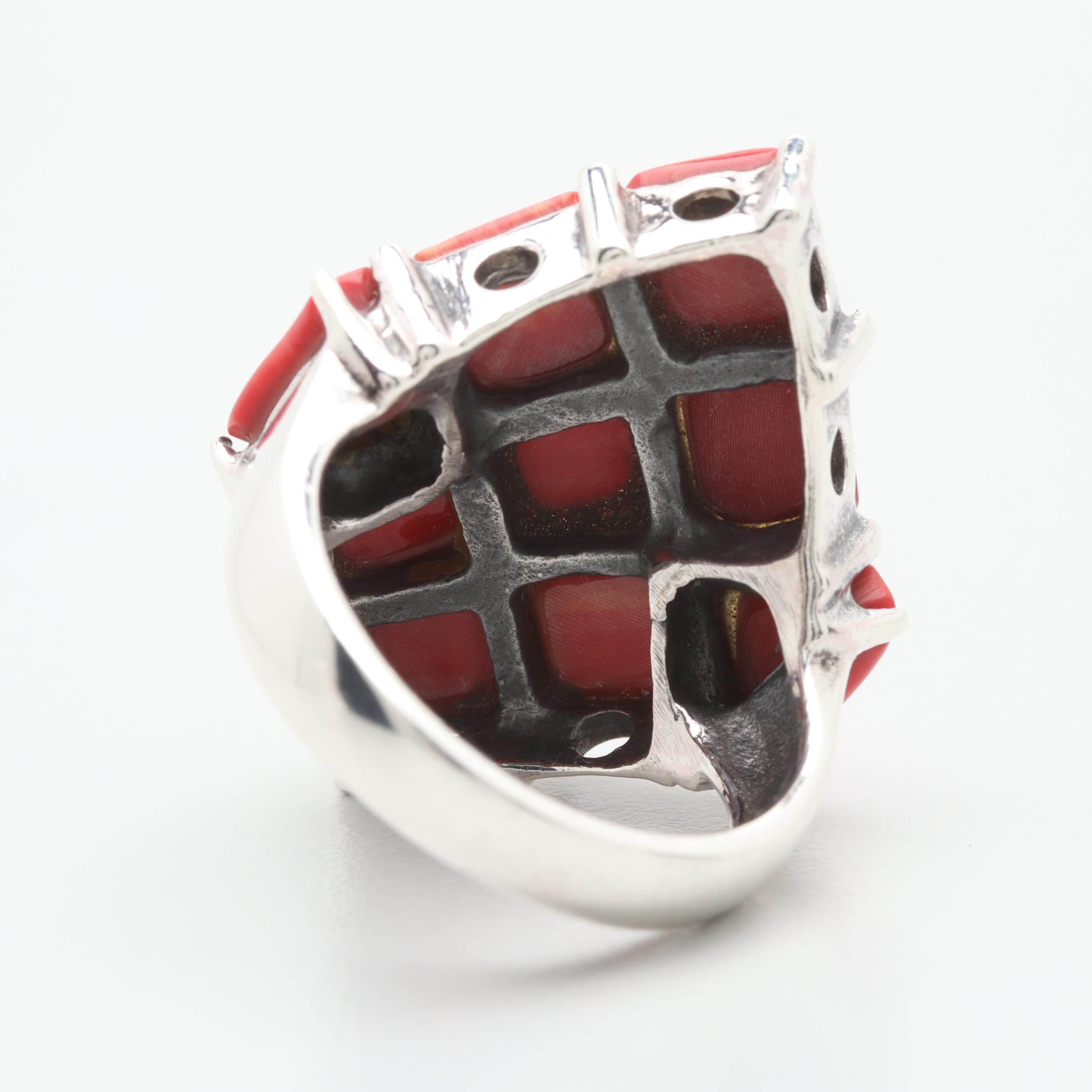 Sterling Silver Imitation Coral and Resin Ring