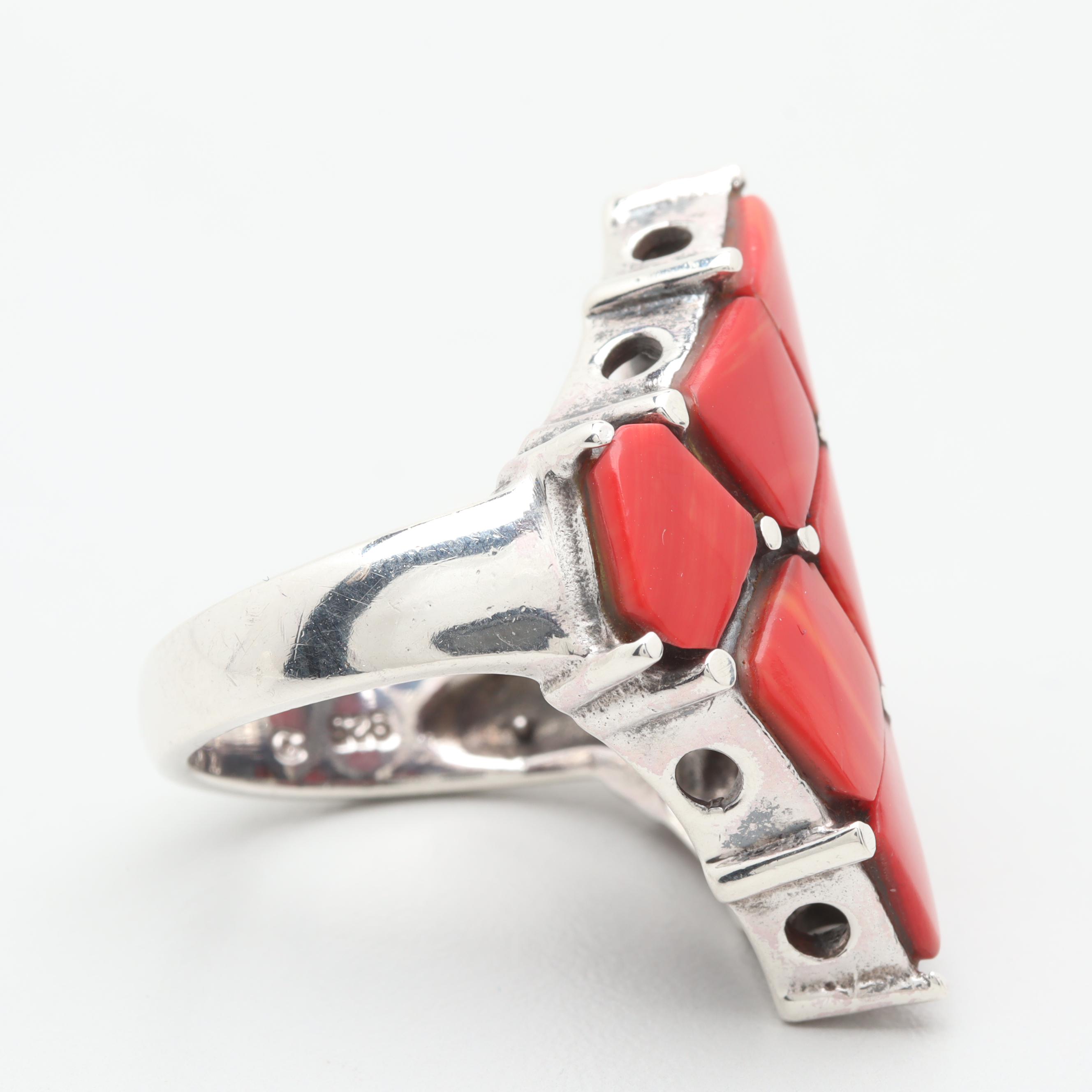 Sterling Silver Imitation Coral and Resin Ring