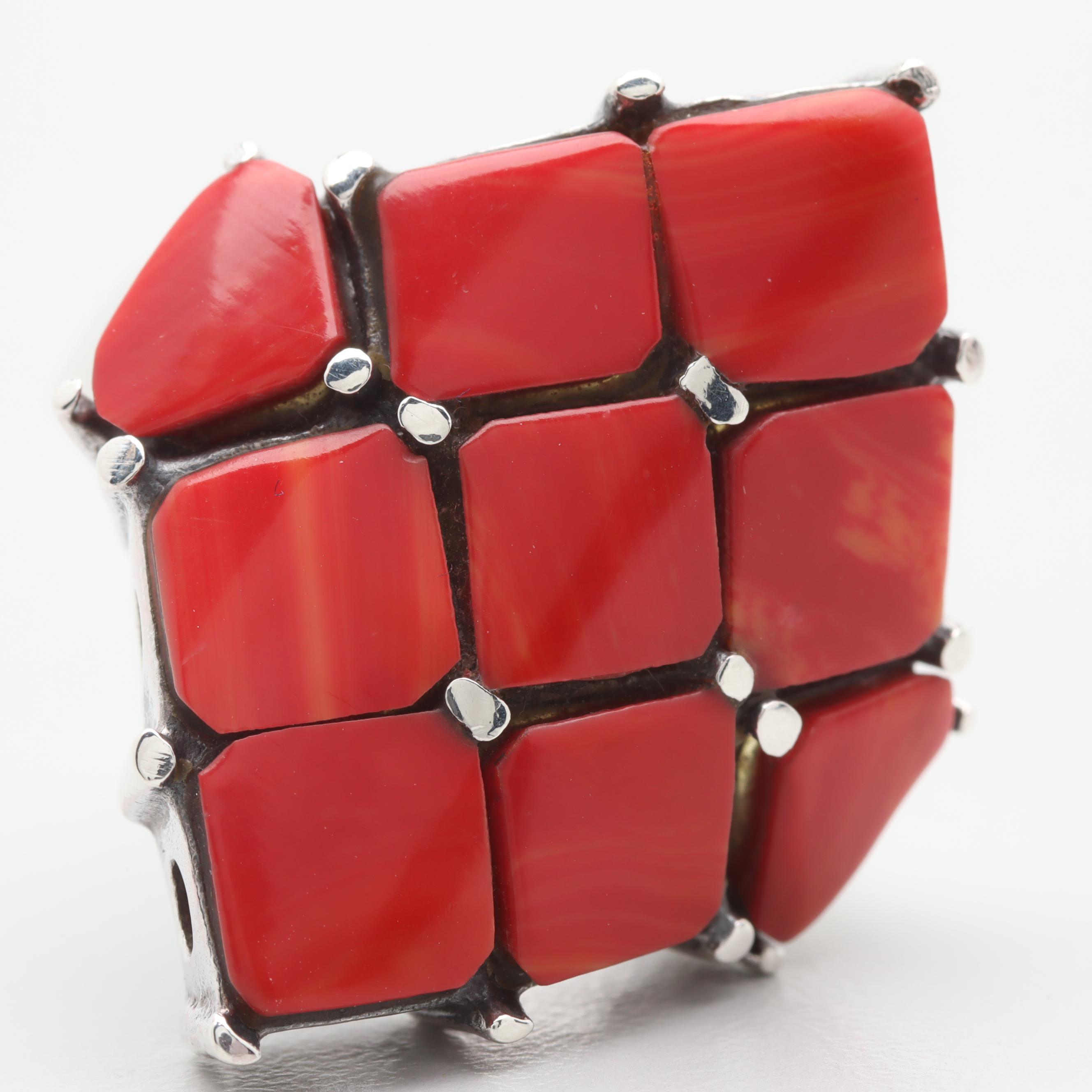 Sterling Silver Imitation Coral and Resin Ring