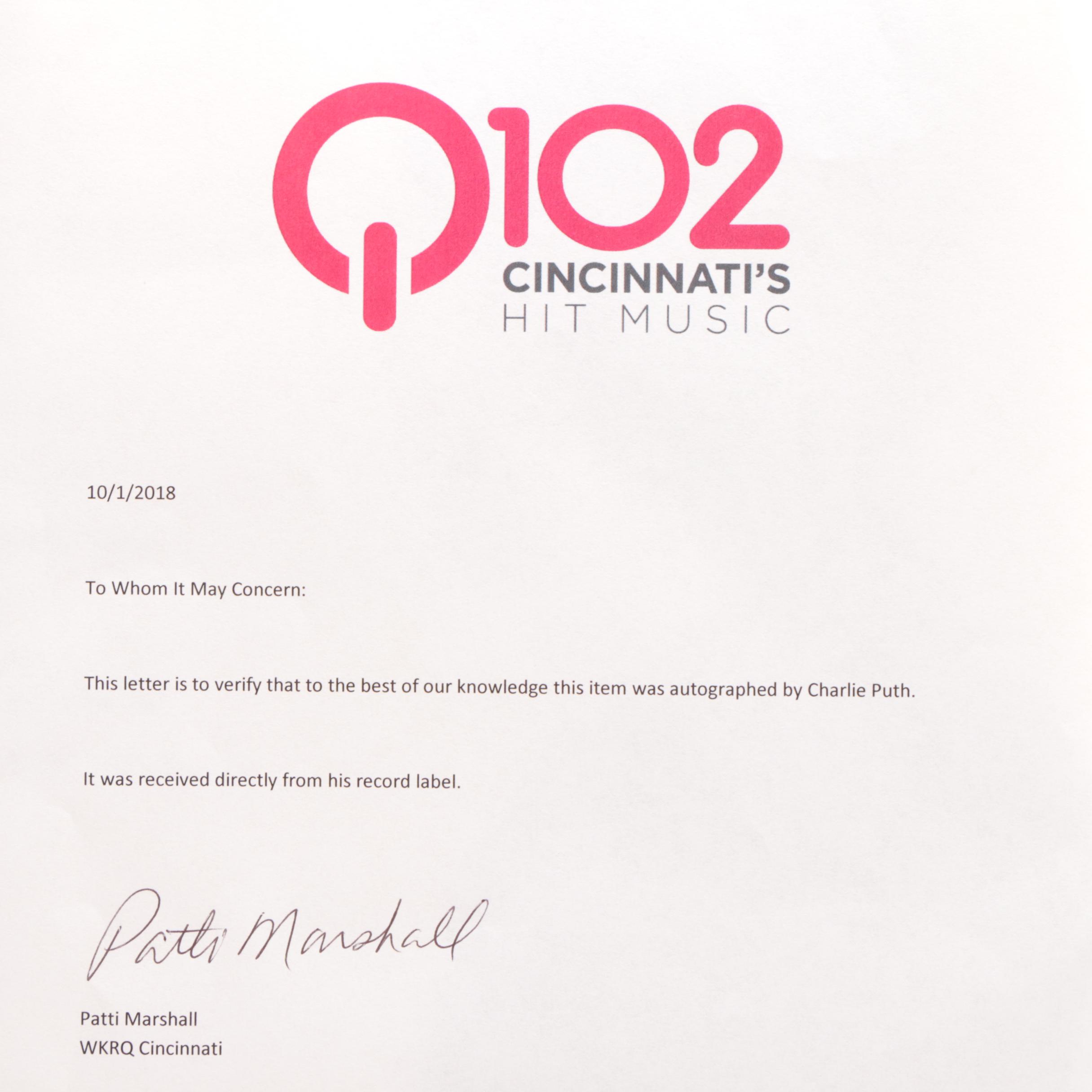 Charlie Puth Signed "Nine Track Mind" Album Cover