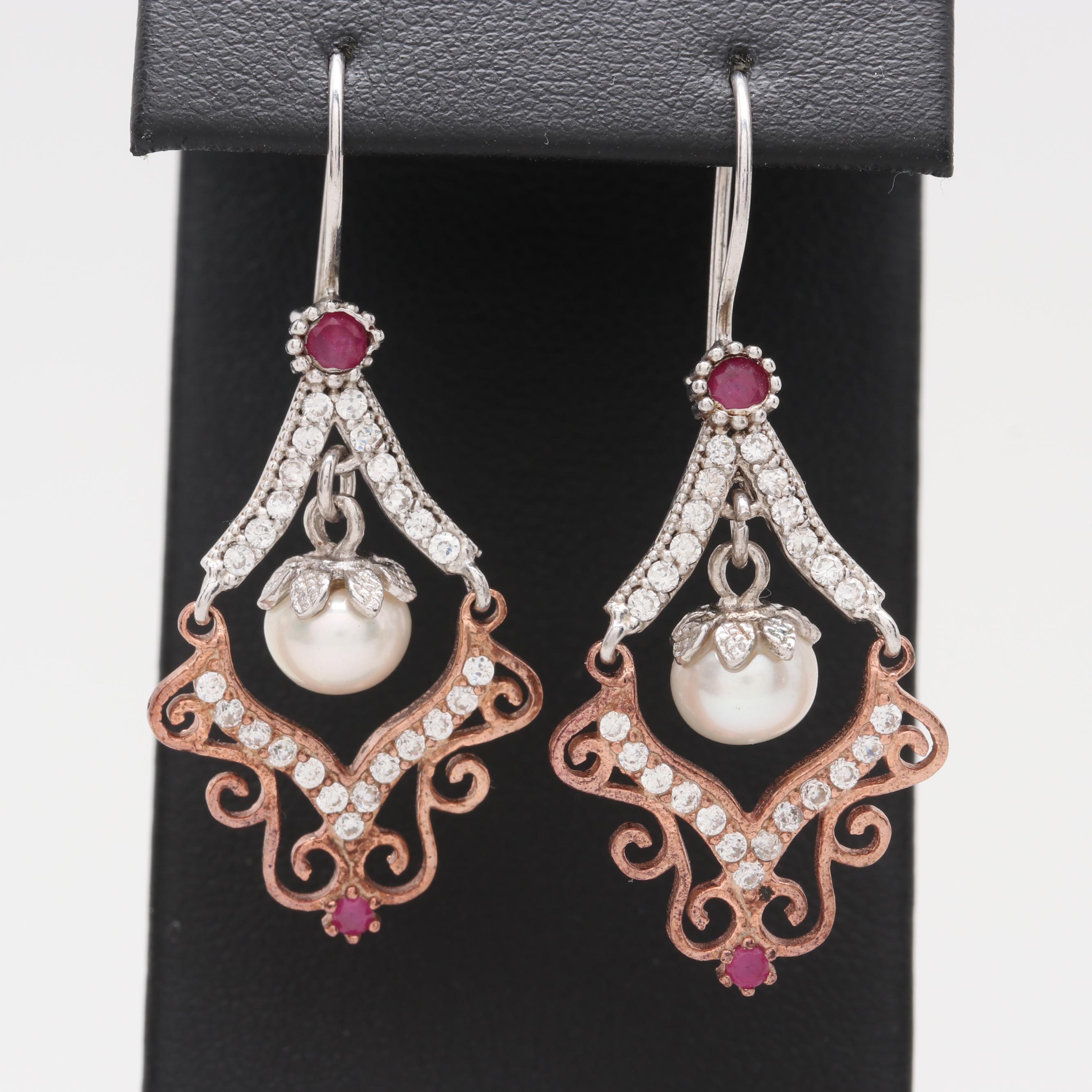 Sterling Silver Two-Tone Cultured Pearl and Gemstone Earrings