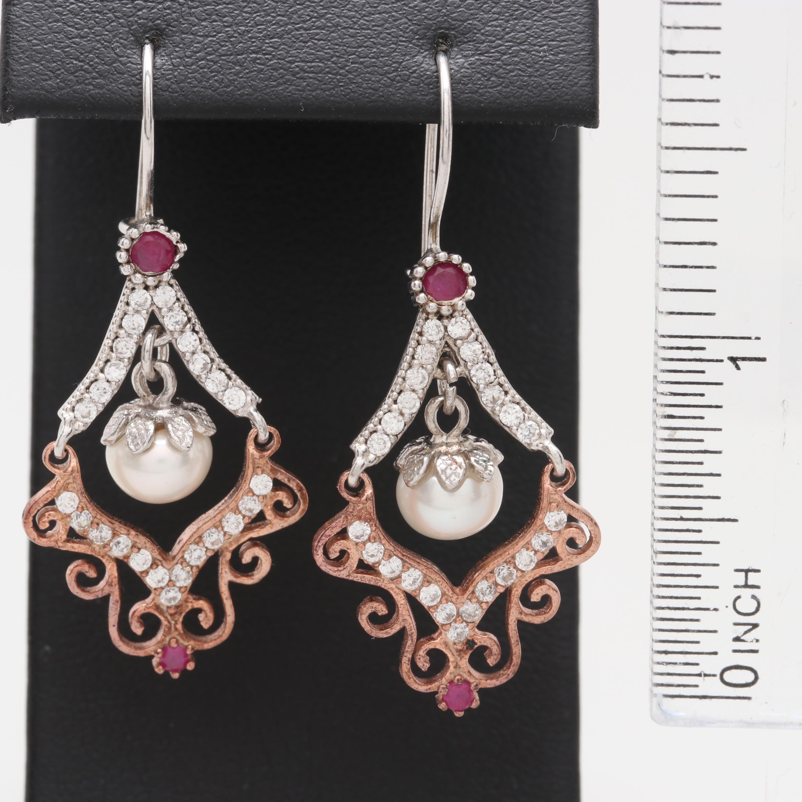 Sterling Silver Two-Tone Cultured Pearl and Gemstone Earrings