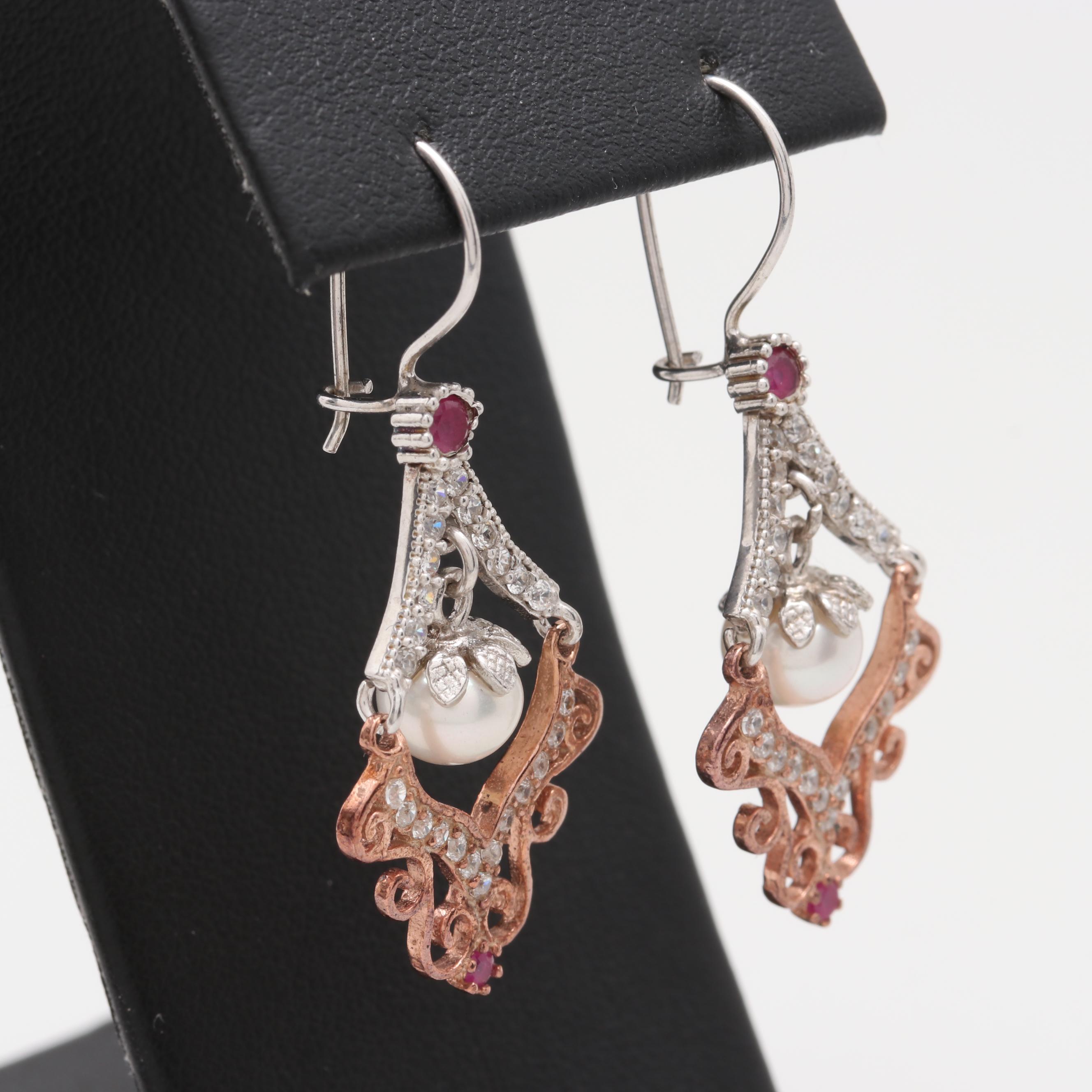 Sterling Silver Two-Tone Cultured Pearl and Gemstone Earrings
