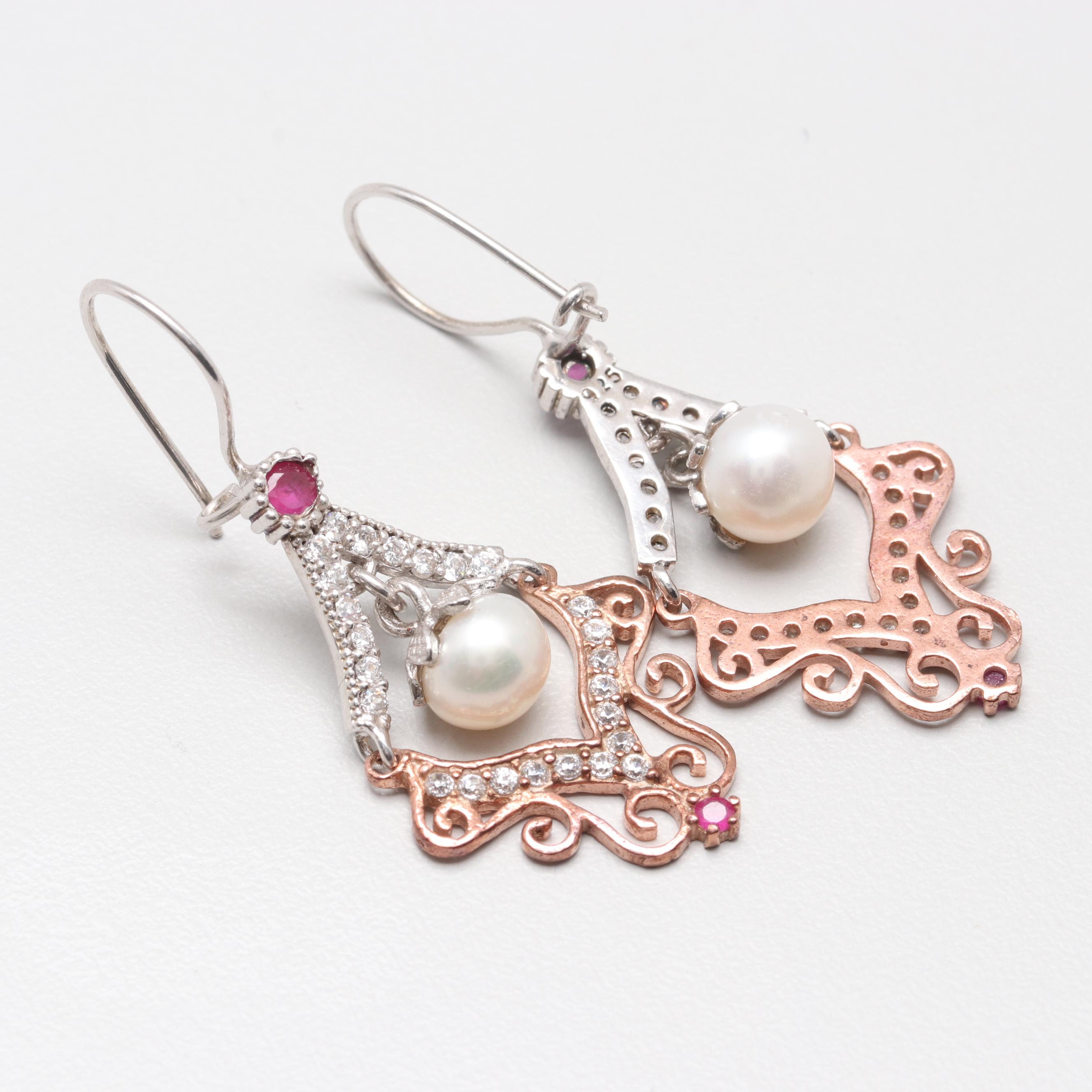 Sterling Silver Two-Tone Cultured Pearl and Gemstone Earrings