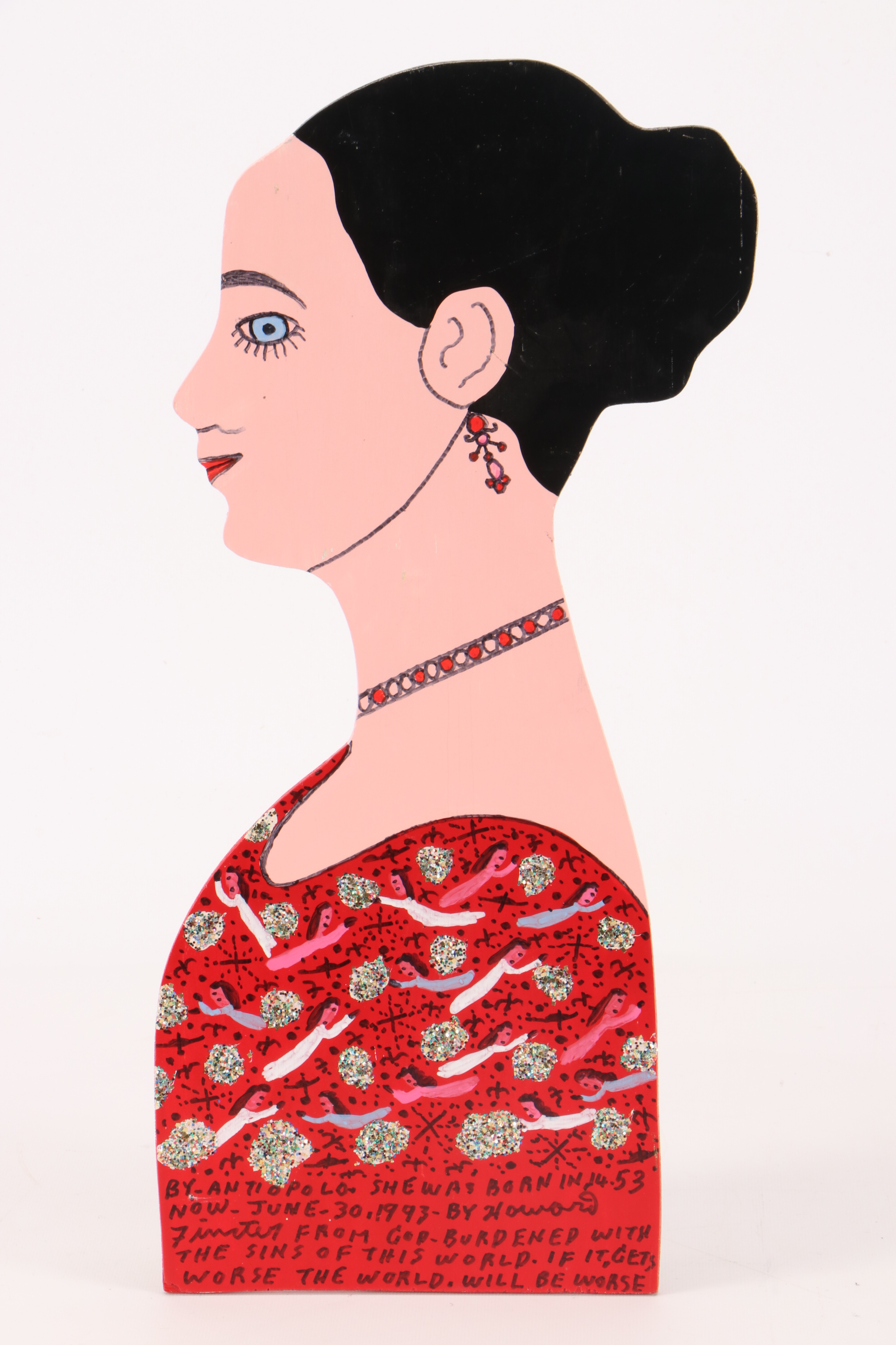 Howard Finster 1993 Painted Wooden Cutout Folk Art Woman's Portrait