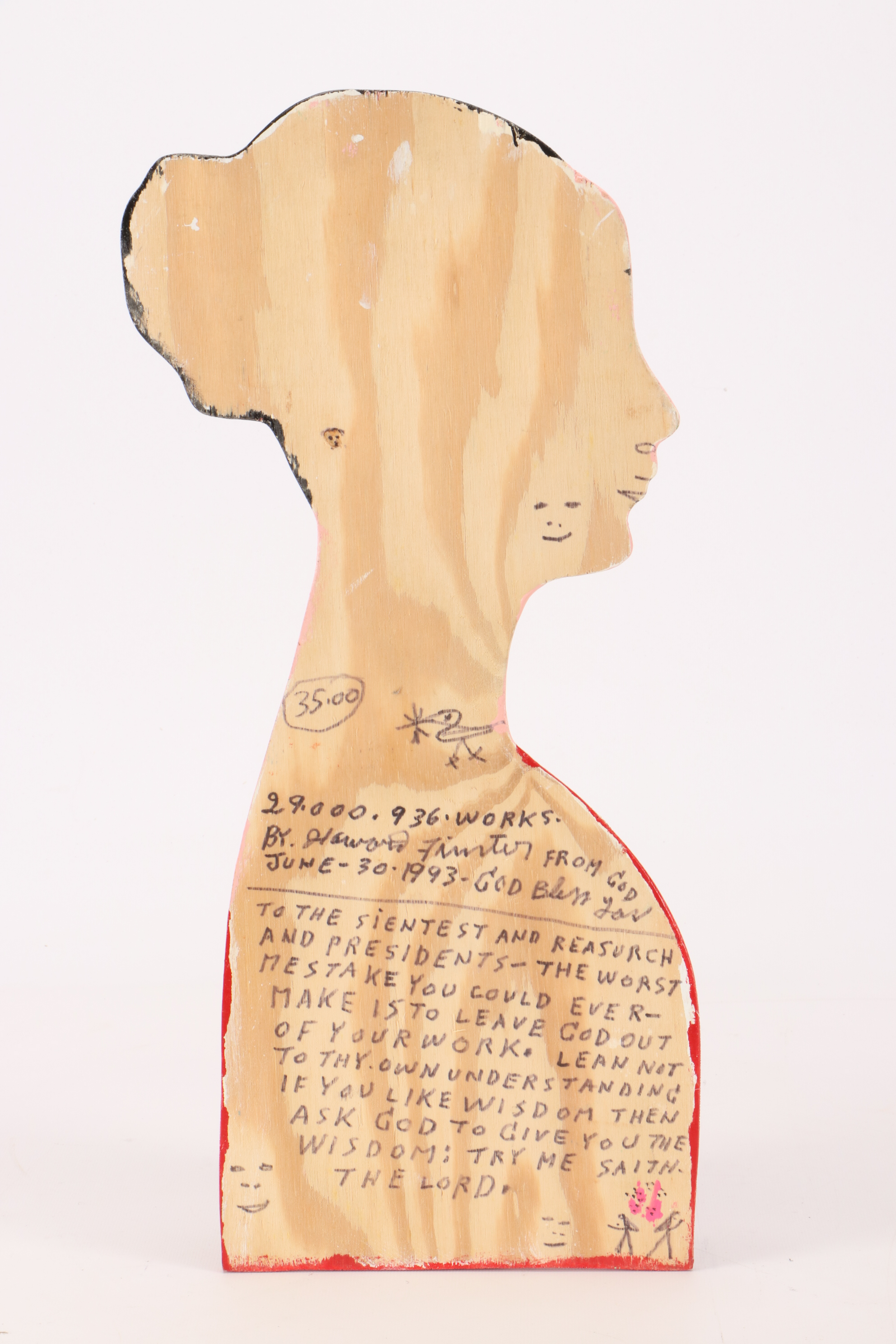 Howard Finster 1993 Painted Wooden Cutout Folk Art Woman's Portrait