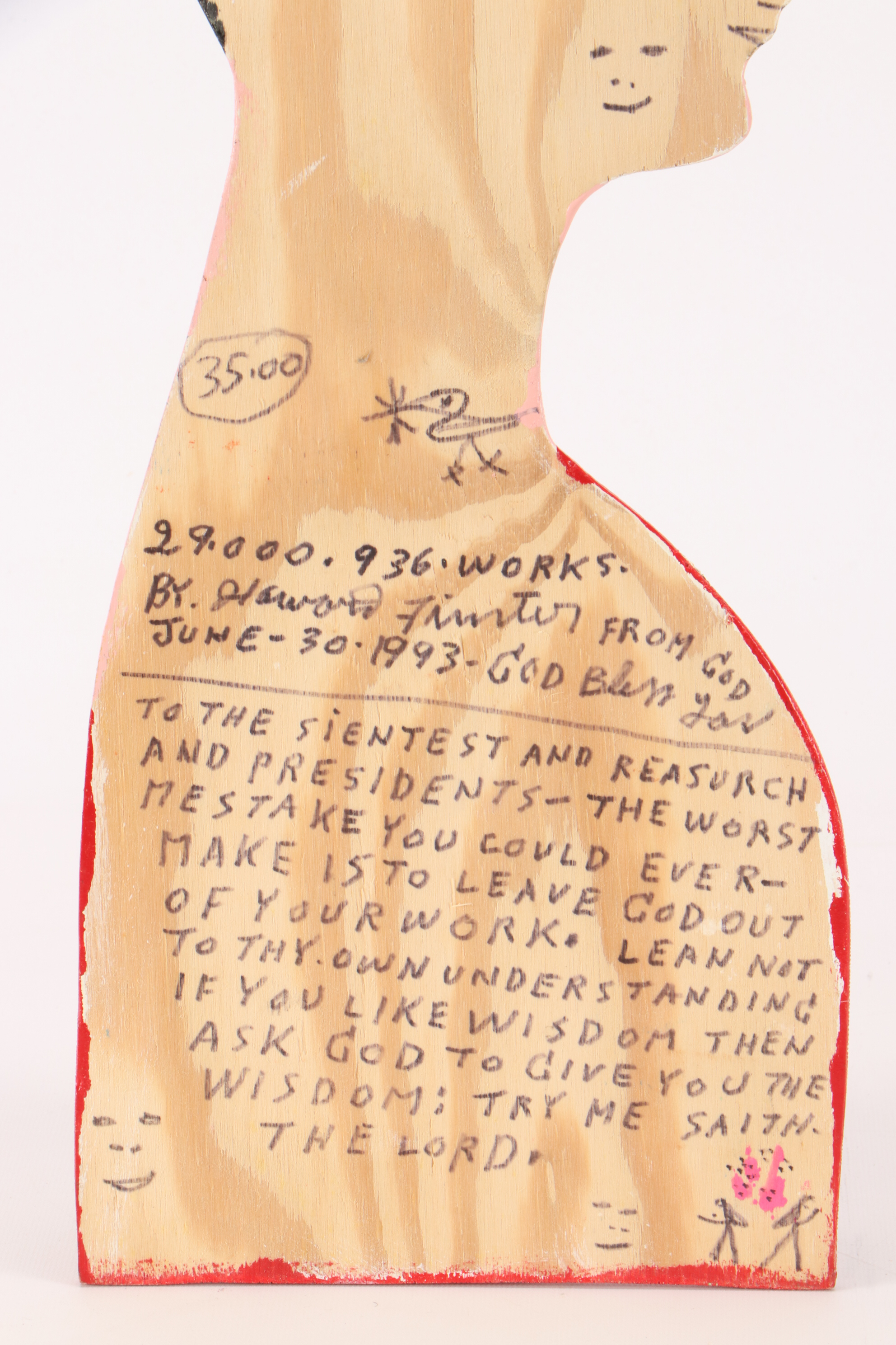 Howard Finster 1993 Painted Wooden Cutout Folk Art Woman's Portrait