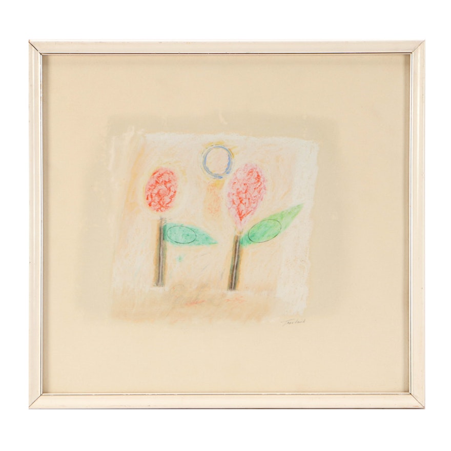 Jean David Modernist Graphite and Pastel Drawing of Flowers