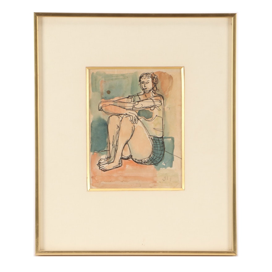 Leo Roth Vintage Ink and Watercolor Painting of a Figure