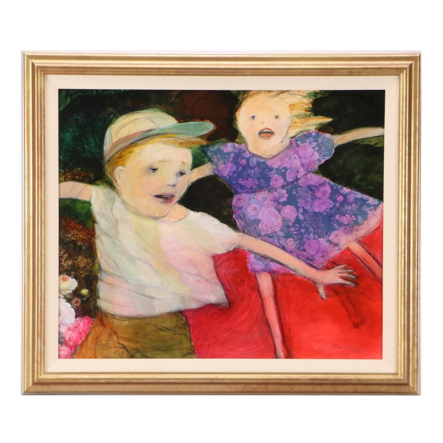 Carolyn Young Hisel Mixed Media Painting of Children