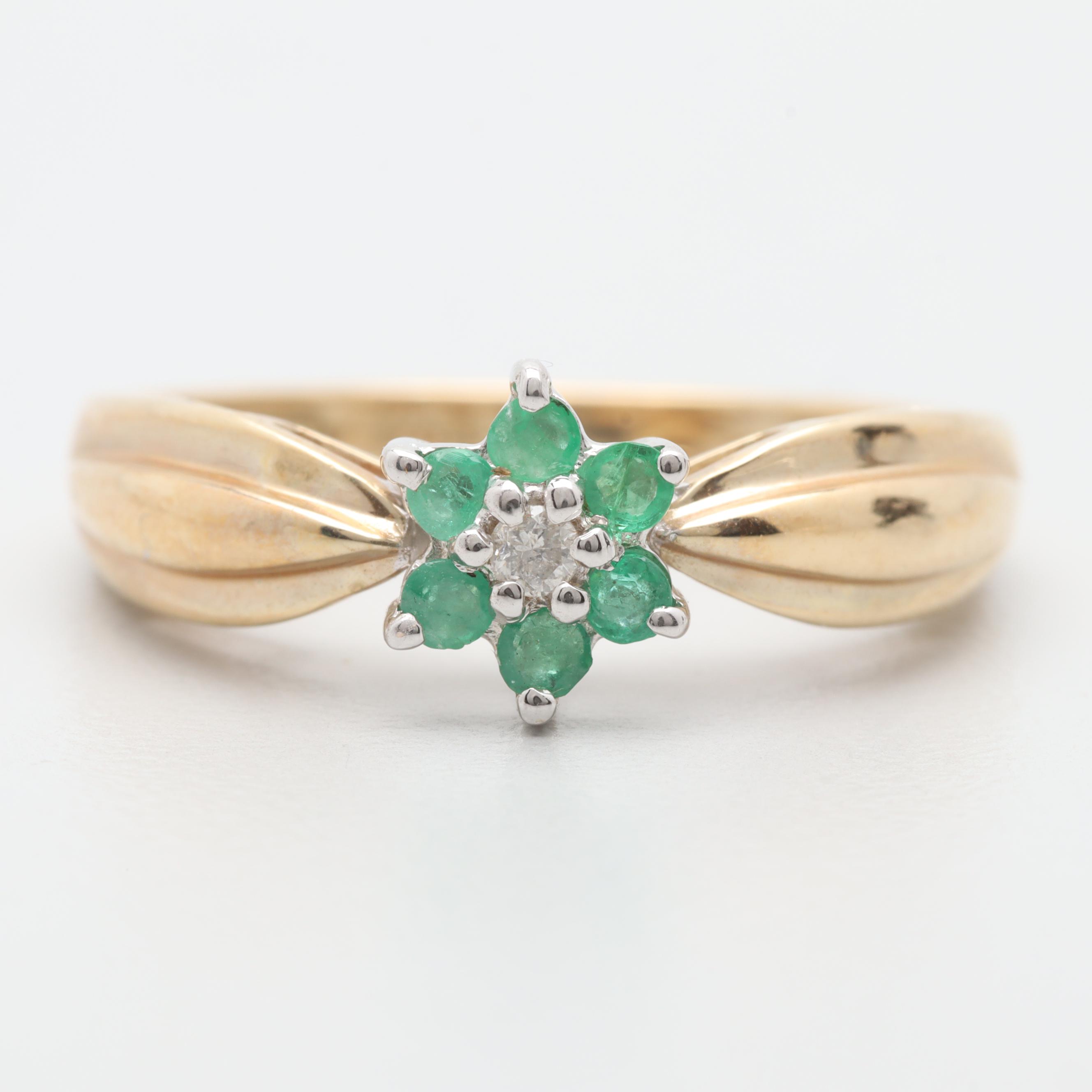 10K Yellow Gold Emerald and Diamond Floral Motif Ring