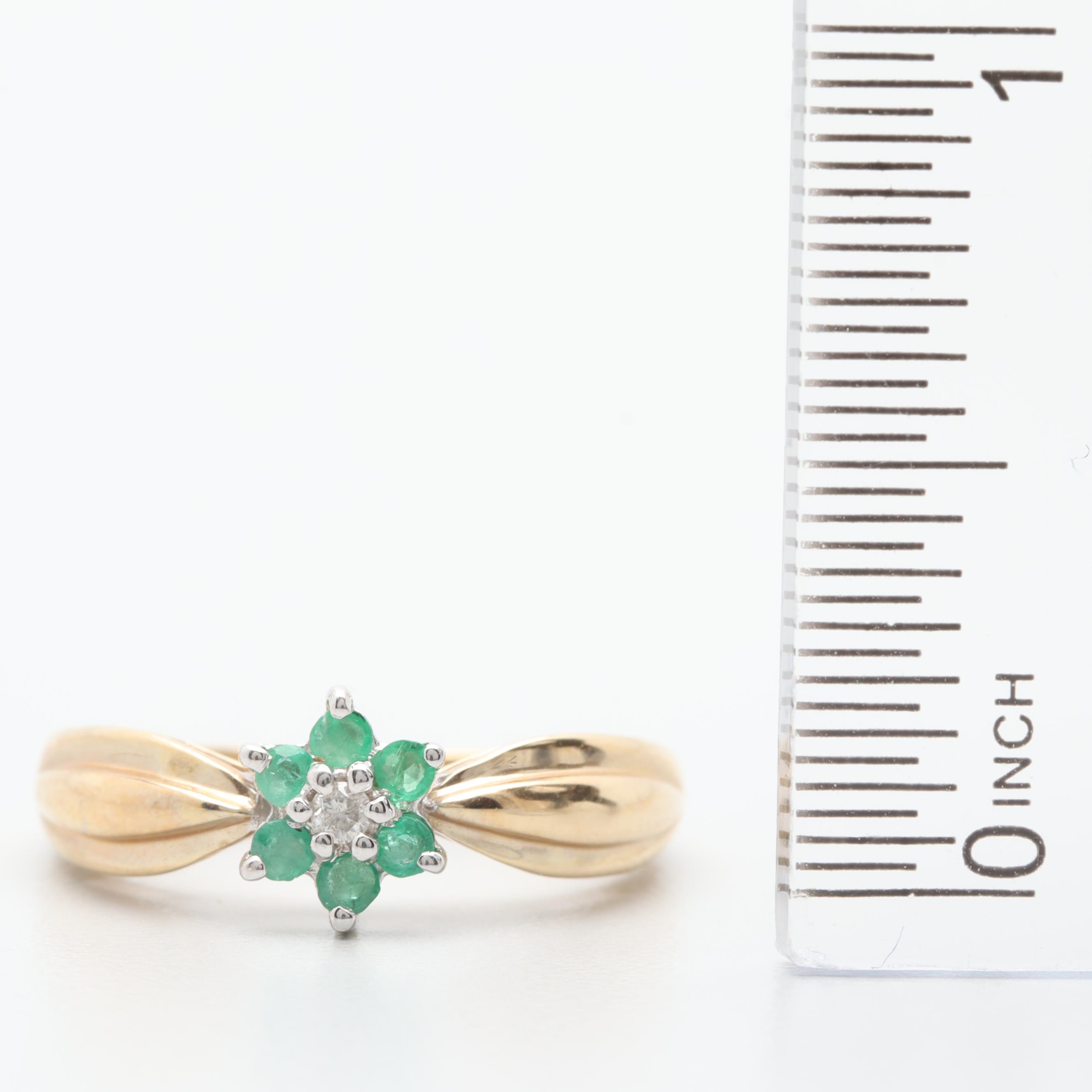 10K Yellow Gold Emerald and Diamond Floral Motif Ring