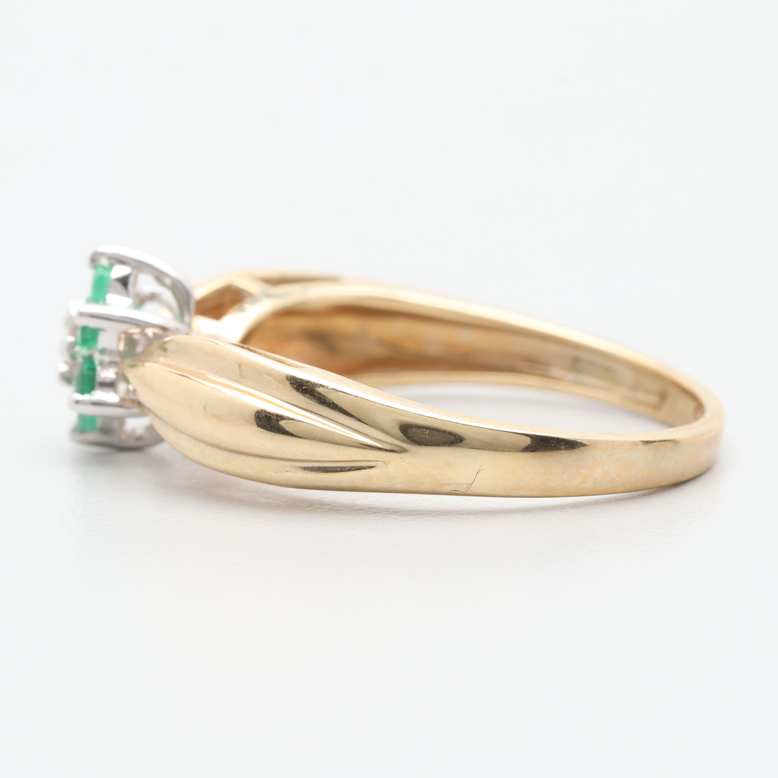 10K Yellow Gold Emerald and Diamond Floral Motif Ring