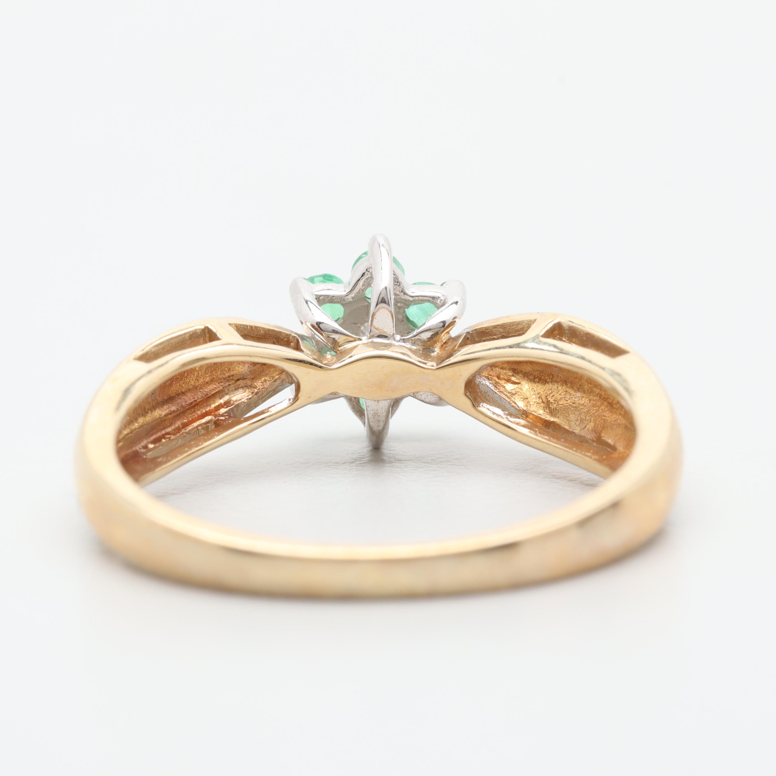 10K Yellow Gold Emerald and Diamond Floral Motif Ring