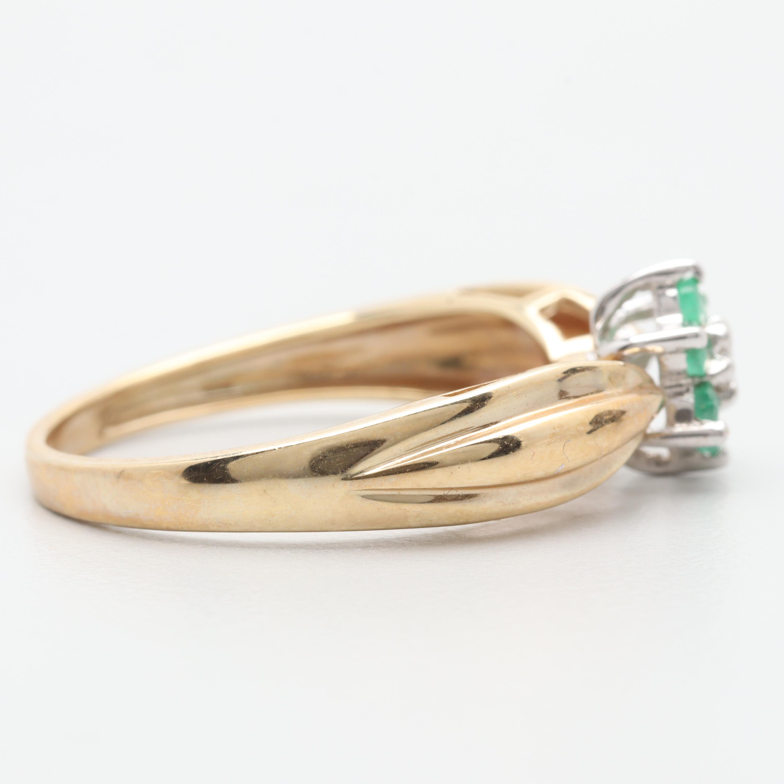 10K Yellow Gold Emerald and Diamond Floral Motif Ring