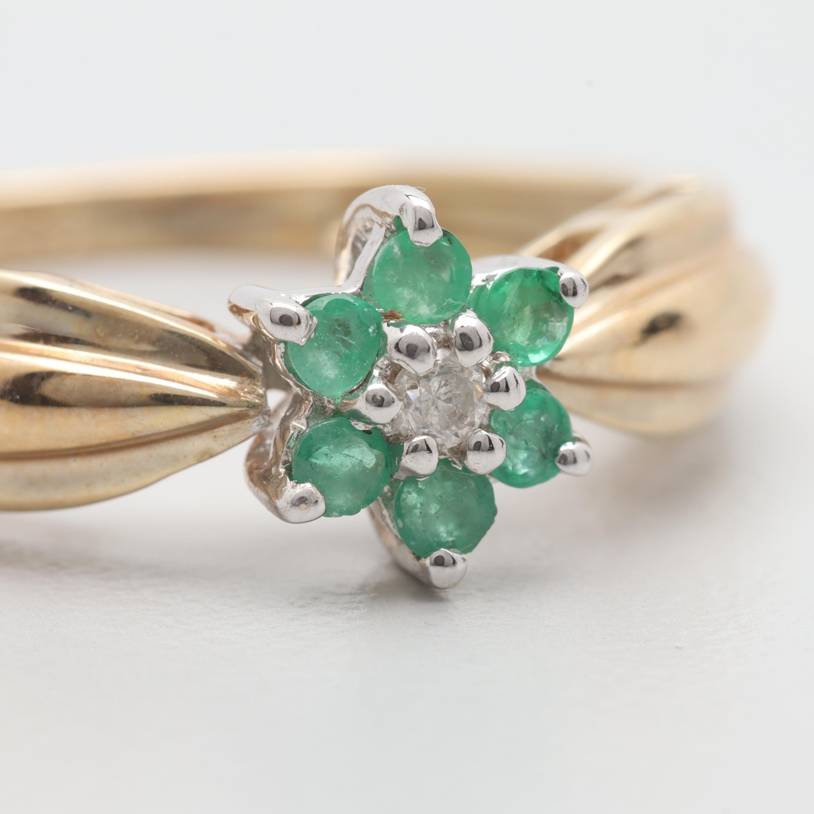10K Yellow Gold Emerald and Diamond Floral Motif Ring