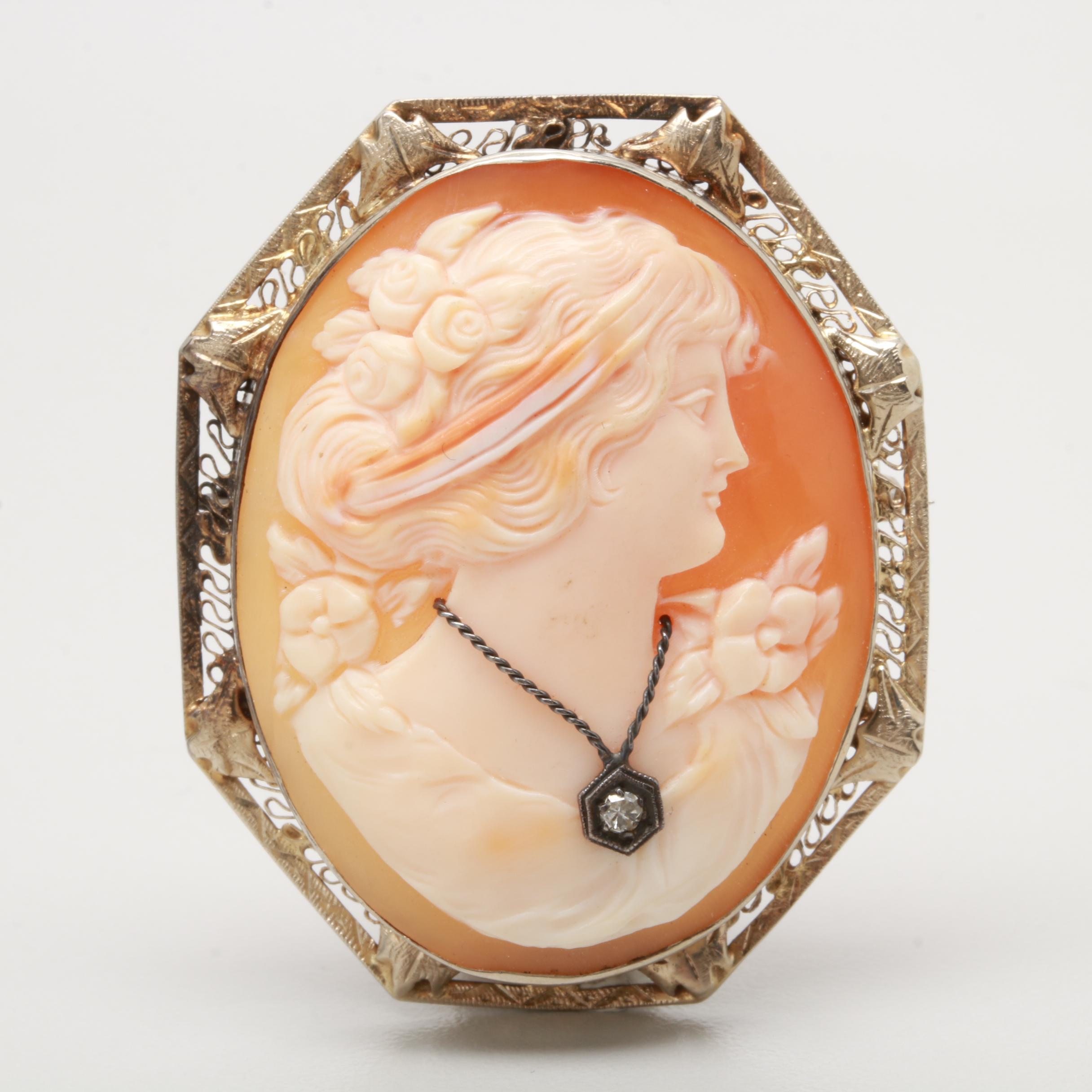 Vintage 14K Yellow Gold Diamond and Shell Cameo Converter Brooch