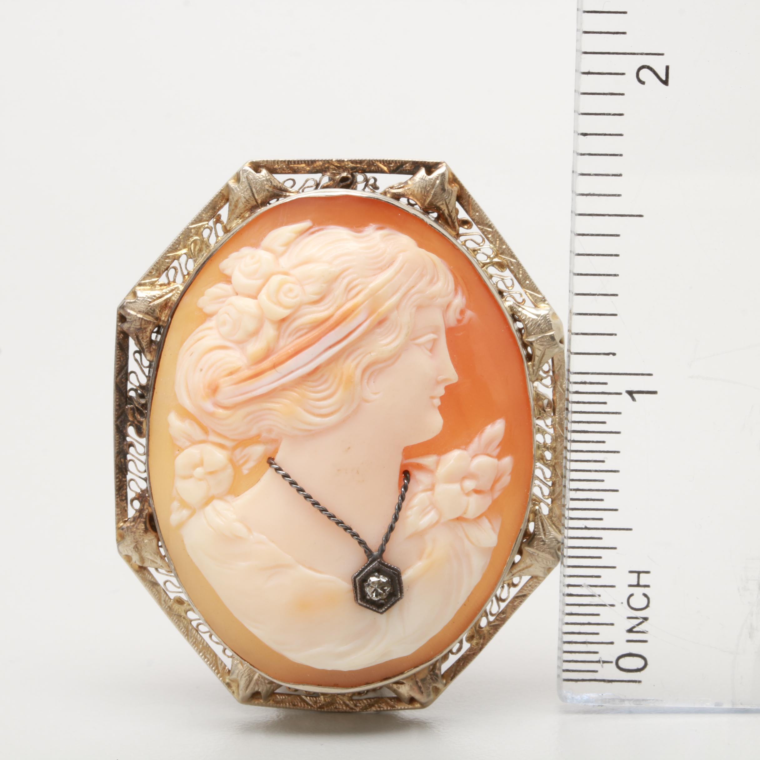 Vintage 14K Yellow Gold Diamond and Shell Cameo Converter Brooch