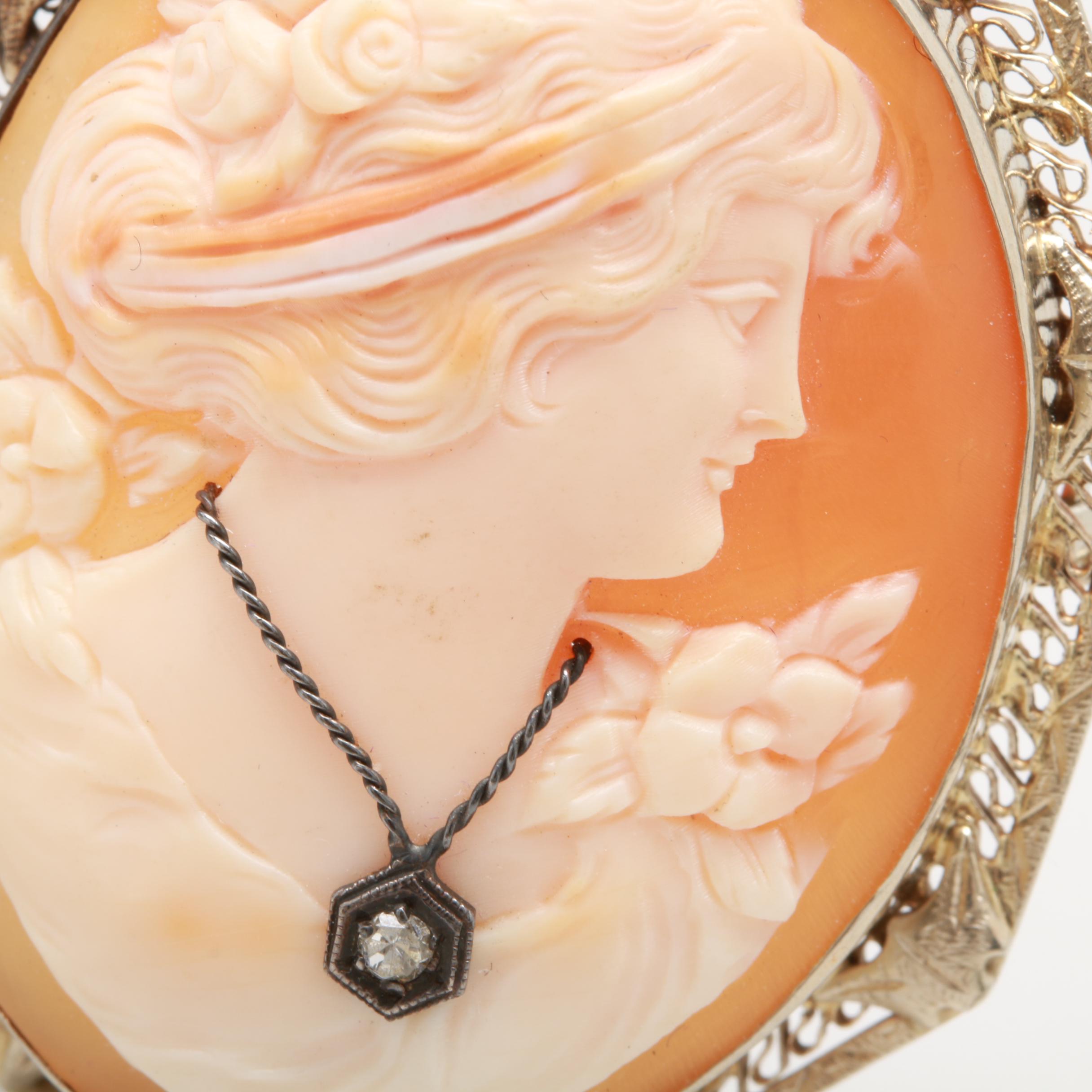 Vintage 14K Yellow Gold Diamond and Shell Cameo Converter Brooch