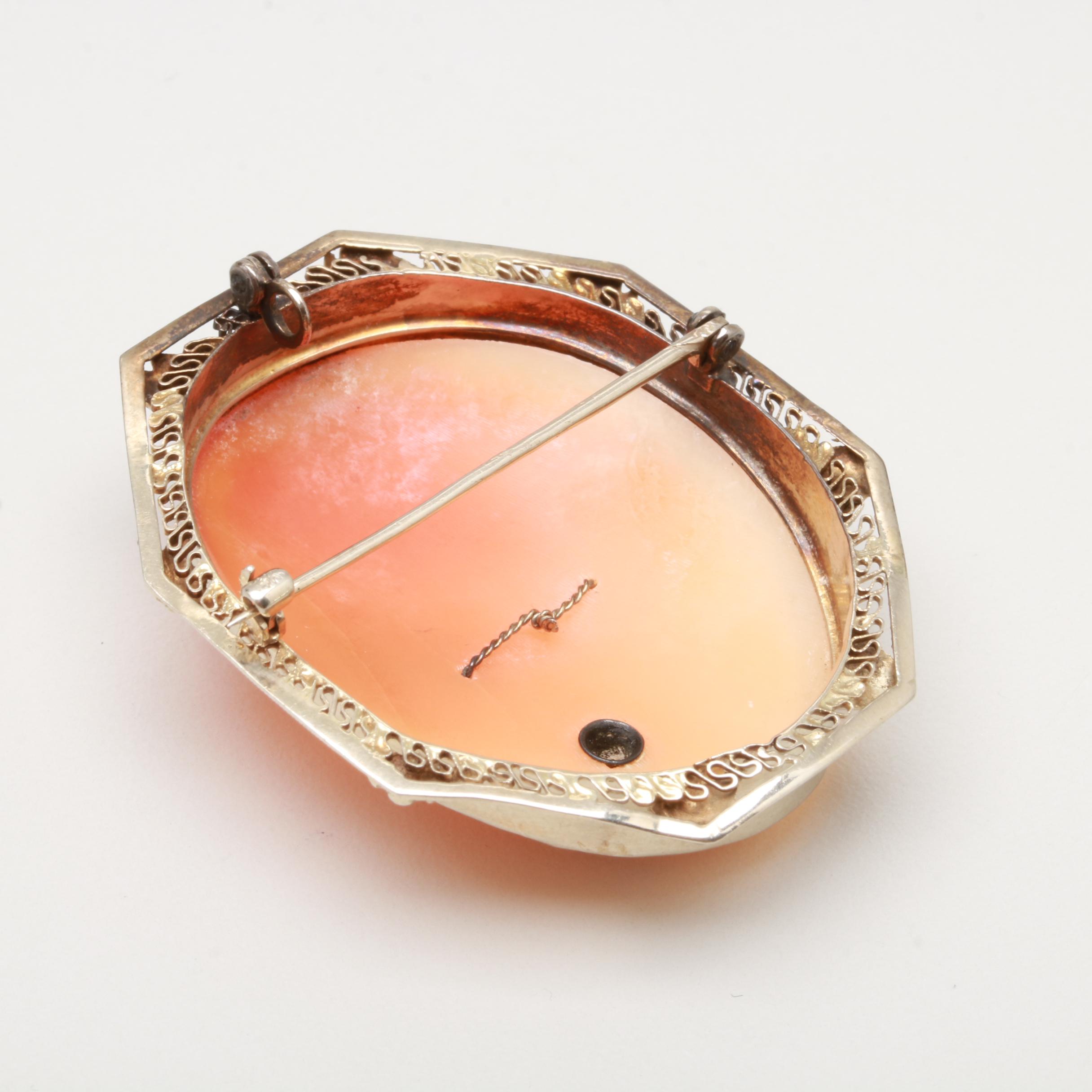 Vintage 14K Yellow Gold Diamond and Shell Cameo Converter Brooch