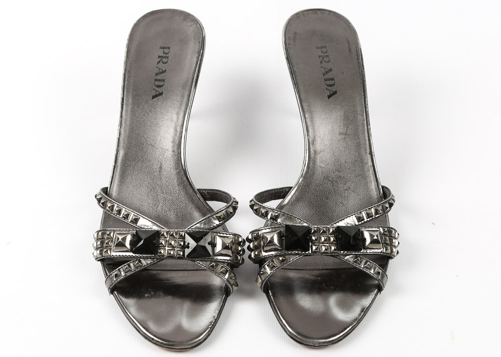 Prada Italian Leather Studded Kitten Heel Sandals
