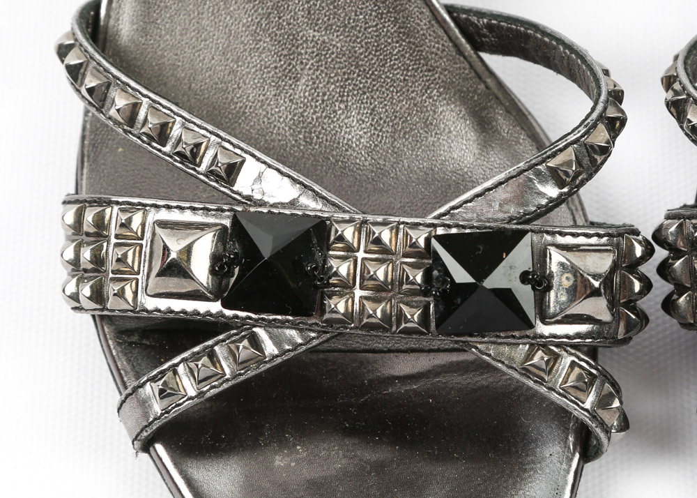 Prada Italian Leather Studded Kitten Heel Sandals