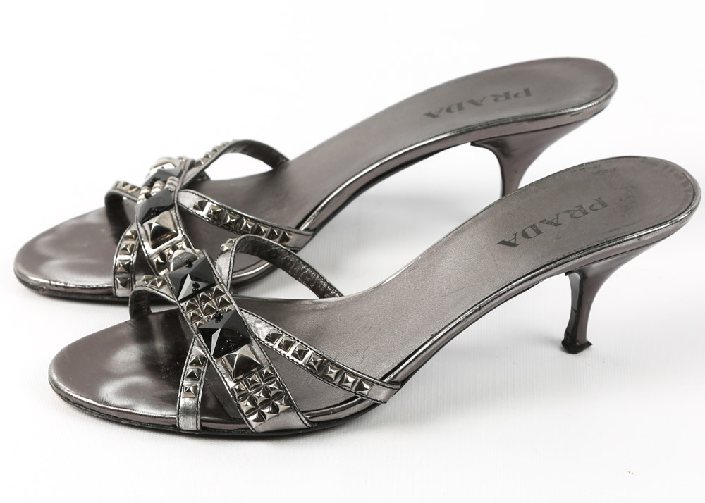 Prada Italian Leather Studded Kitten Heel Sandals